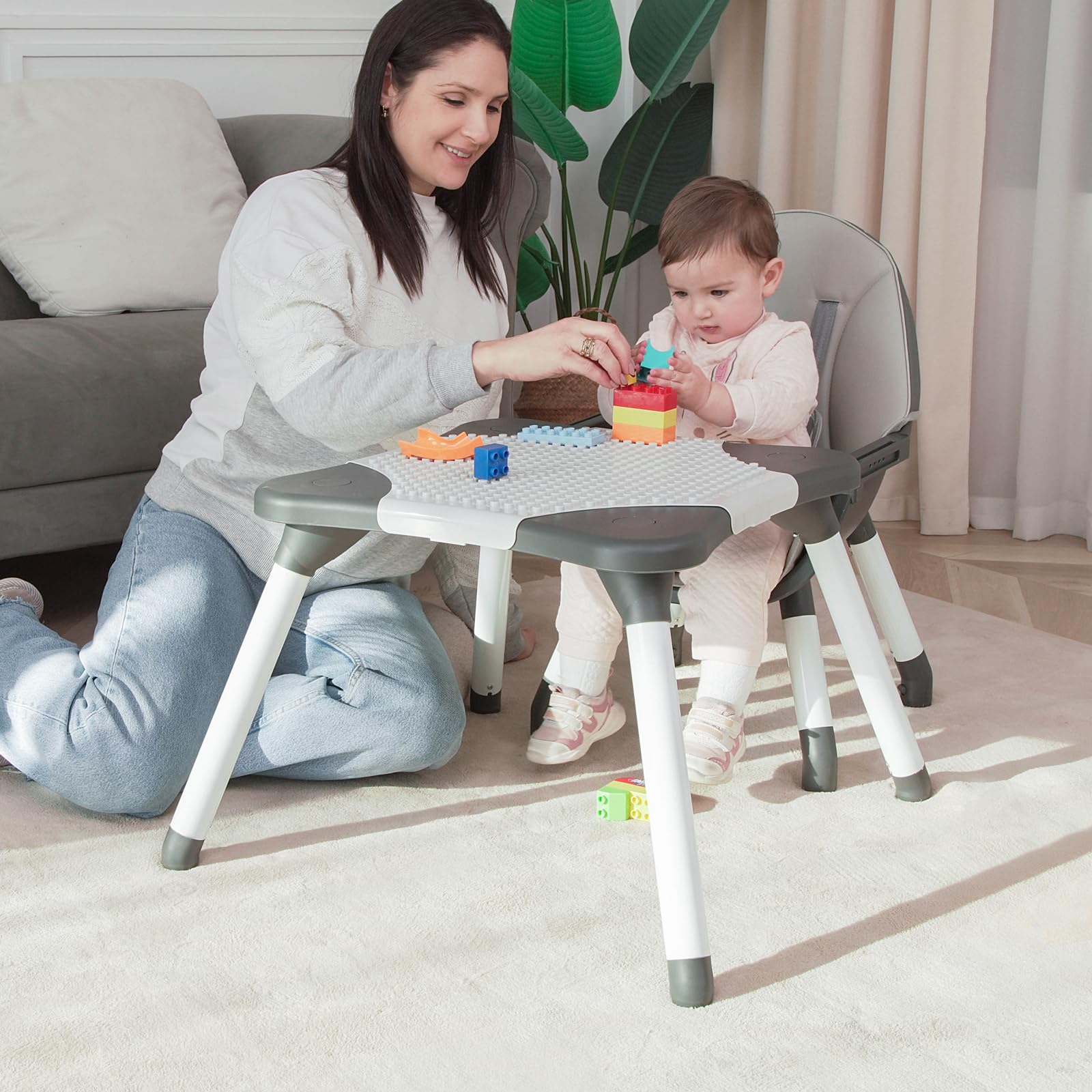 6-in-1 Convertible Baby High Chair with Removable Tray & Safety Harness - Toddler Feeding Chair, Kids Learning Table, Building Block Table & Stool (Gray) - Perfect for Mealtime, Playtime & Early Childhood Development