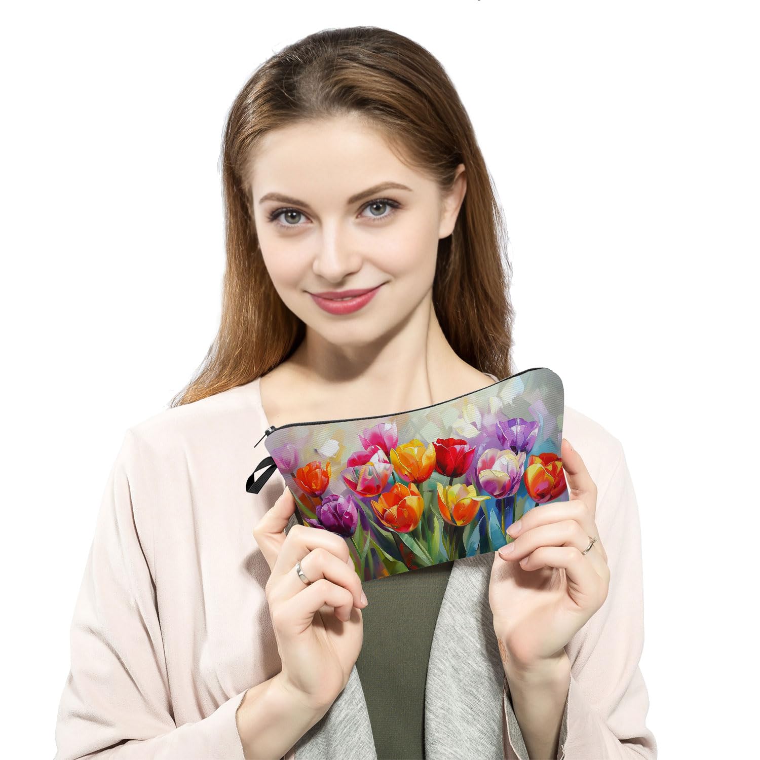 Tulip Print Cosmetic Bag - Cute Zippered Makeup Organizer for Women, Perfect Gift for Tulip Lovers & Birthday Presents