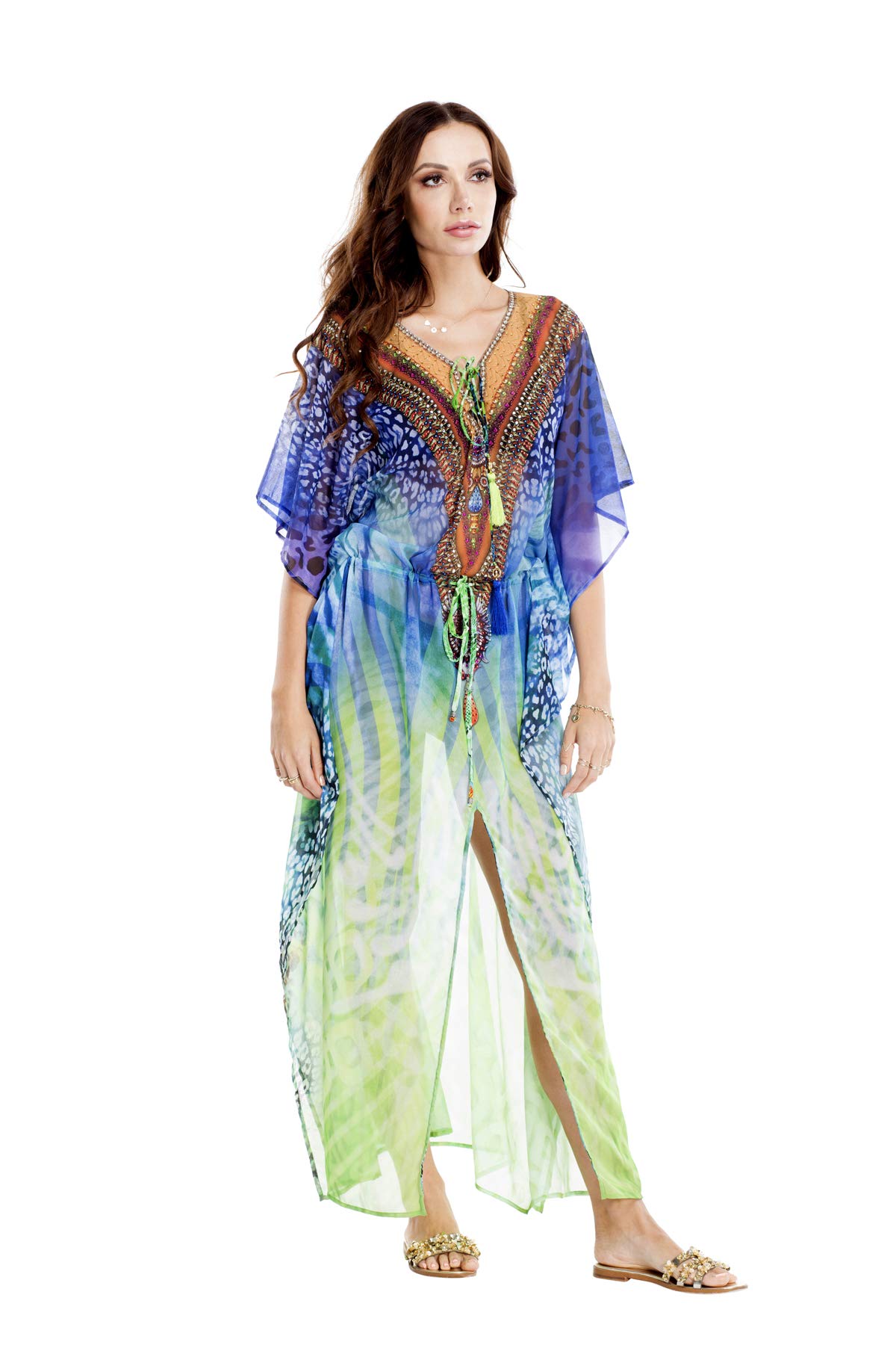 GOGA Swimwear Women's Long Maxi Kaftan Beach Dress - Flowy Rhinestone V-Neck Caftan Cover Up for Summer, Pool Party & Vacation