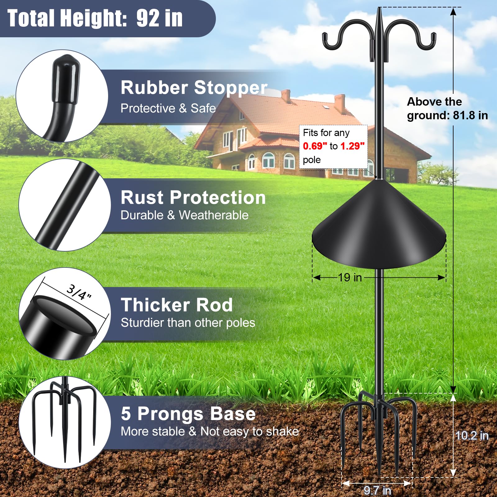 92 Inch Heavy Duty Squirrel Proof Bird Feeder Pole - Adjustable Double Shepherds Hook with Squirrel Baffles & 5-Prong Base for Hanging Plants, Bird Houses - Perfect for Backyard, Garden & Outdoor Decor (Black)