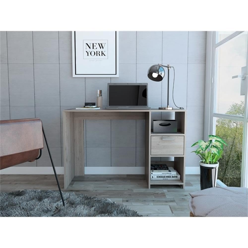 Modern Light Gray Arlington Computer Desk with Drawer & 2 Open Shelves - Home Office Workstation for Small Spaces, Study Room, or Bedroom Workspace