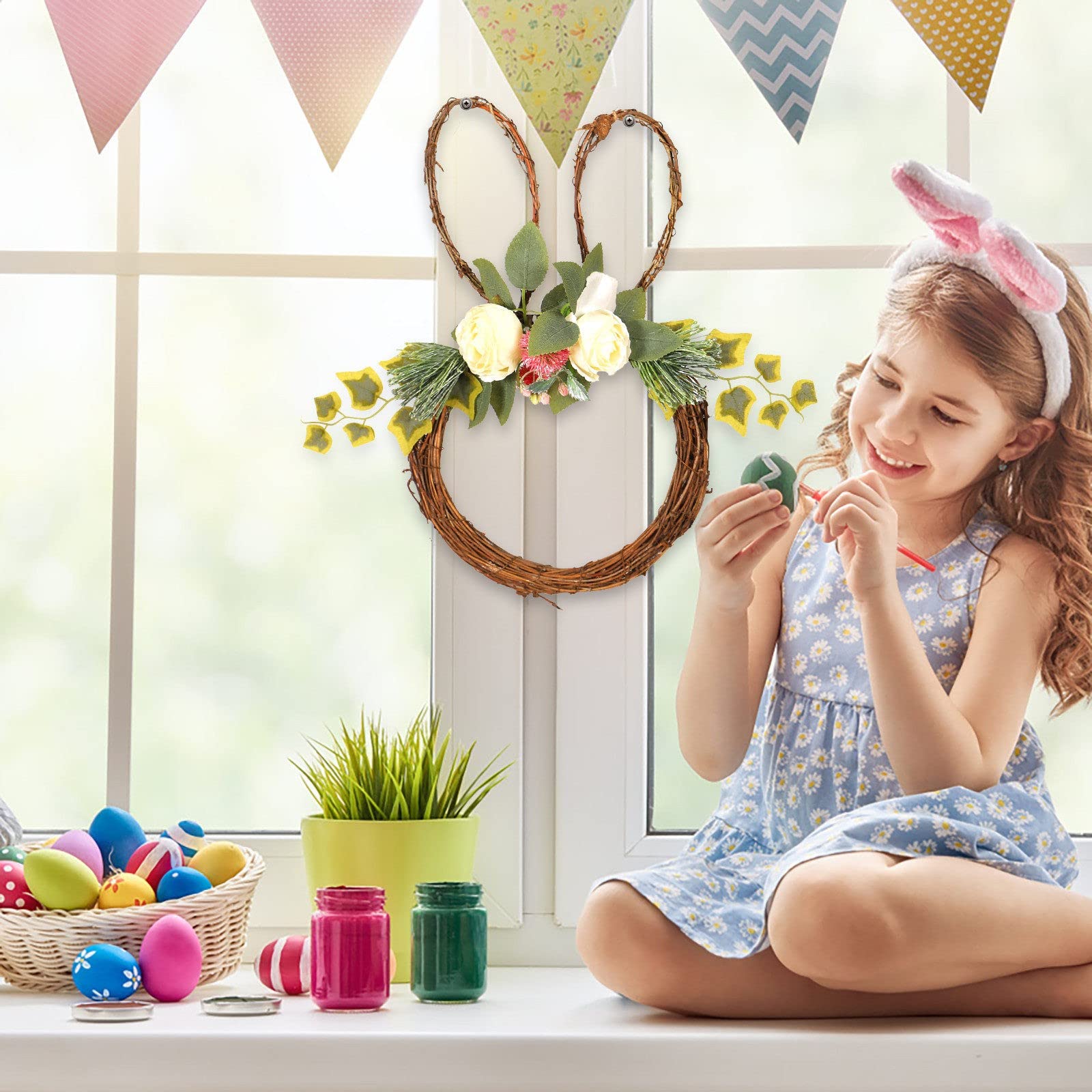 Easter Bunny Flower Twig Wreath - Green Spring Door Decoration with Rabbit Garland for Easter Front Door, Wall & Home Decor | Perfect for Easter Celebrations, Spring Parties & Festive Home Styling