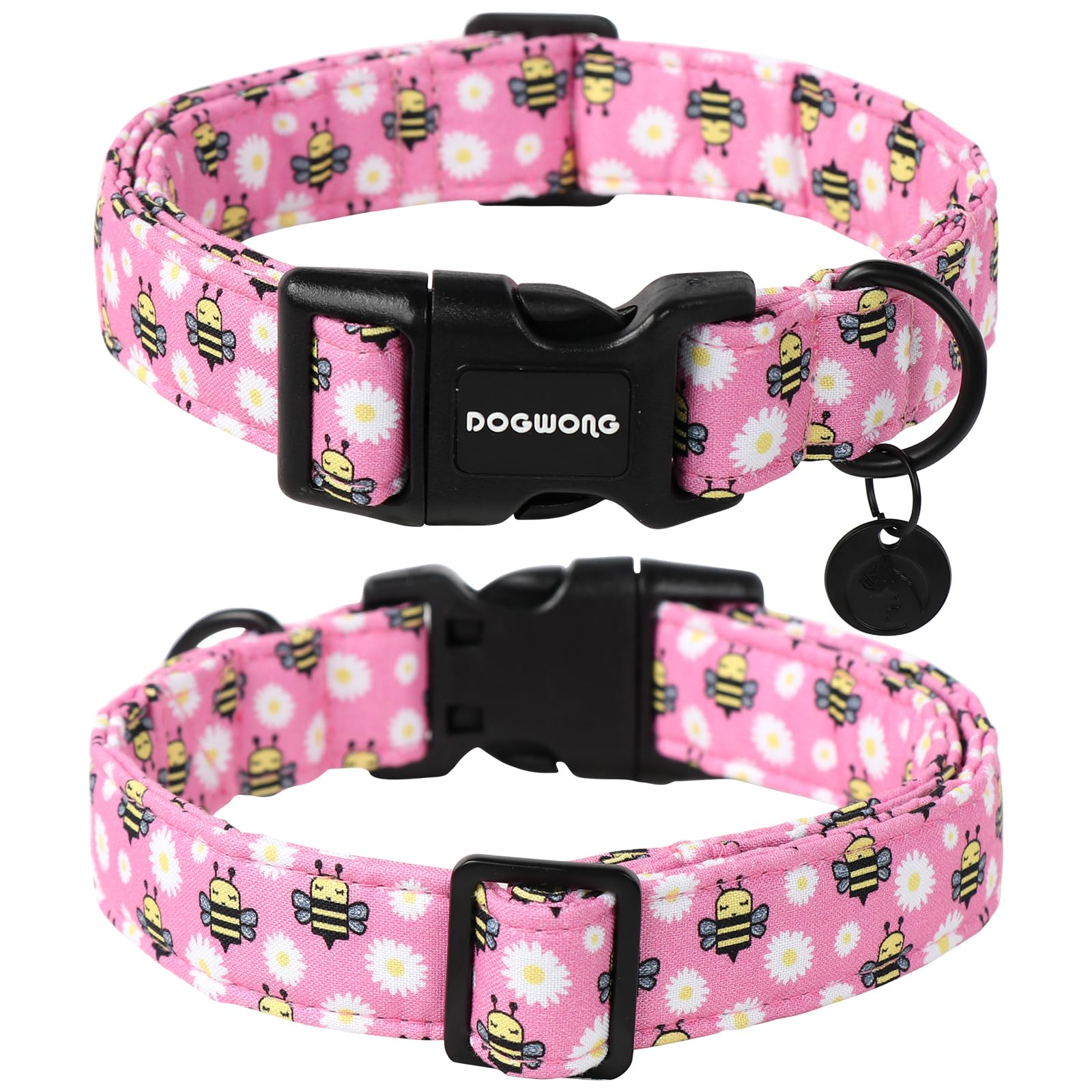 DOGWONG Pink Dog Collar - Soft Durable Natural Fabric Daisy Design Pet Collar for Small Medium Large Dogs | Perfect for Daily Walks, Training & Fashion Accessories