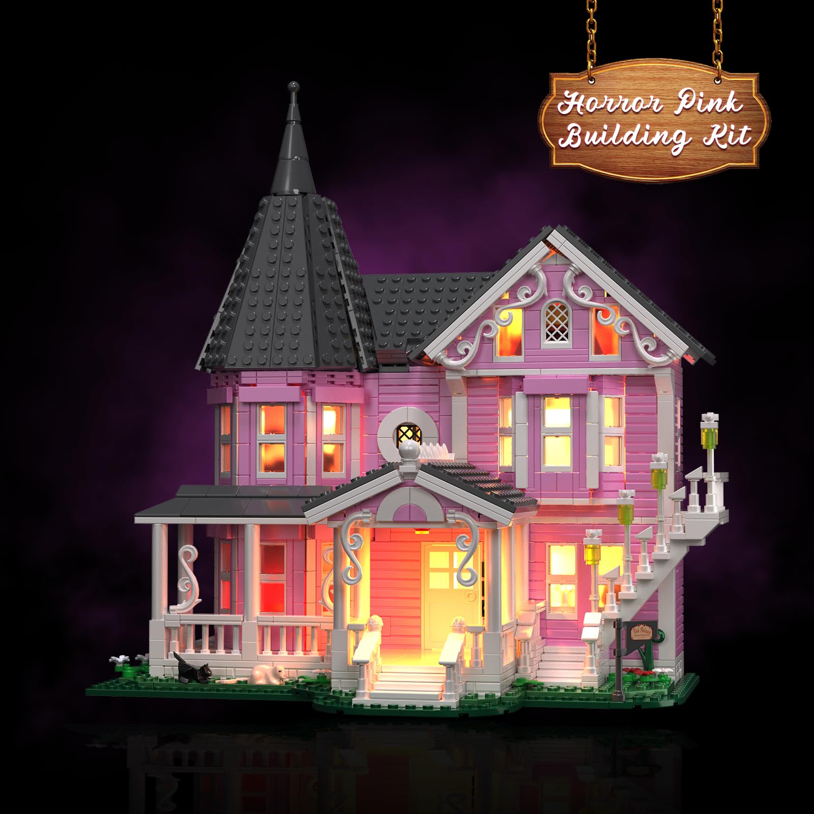 Pink Palace Haunted House Building Set with LED Lights - 1349PCS Halloween Block Toy Kit for Kids & Adults Ages 8+, Lego-Compatible Christmas Gift for Girls & Boys - Perfect for Spooky Decor, Holiday Displays & Creative Play