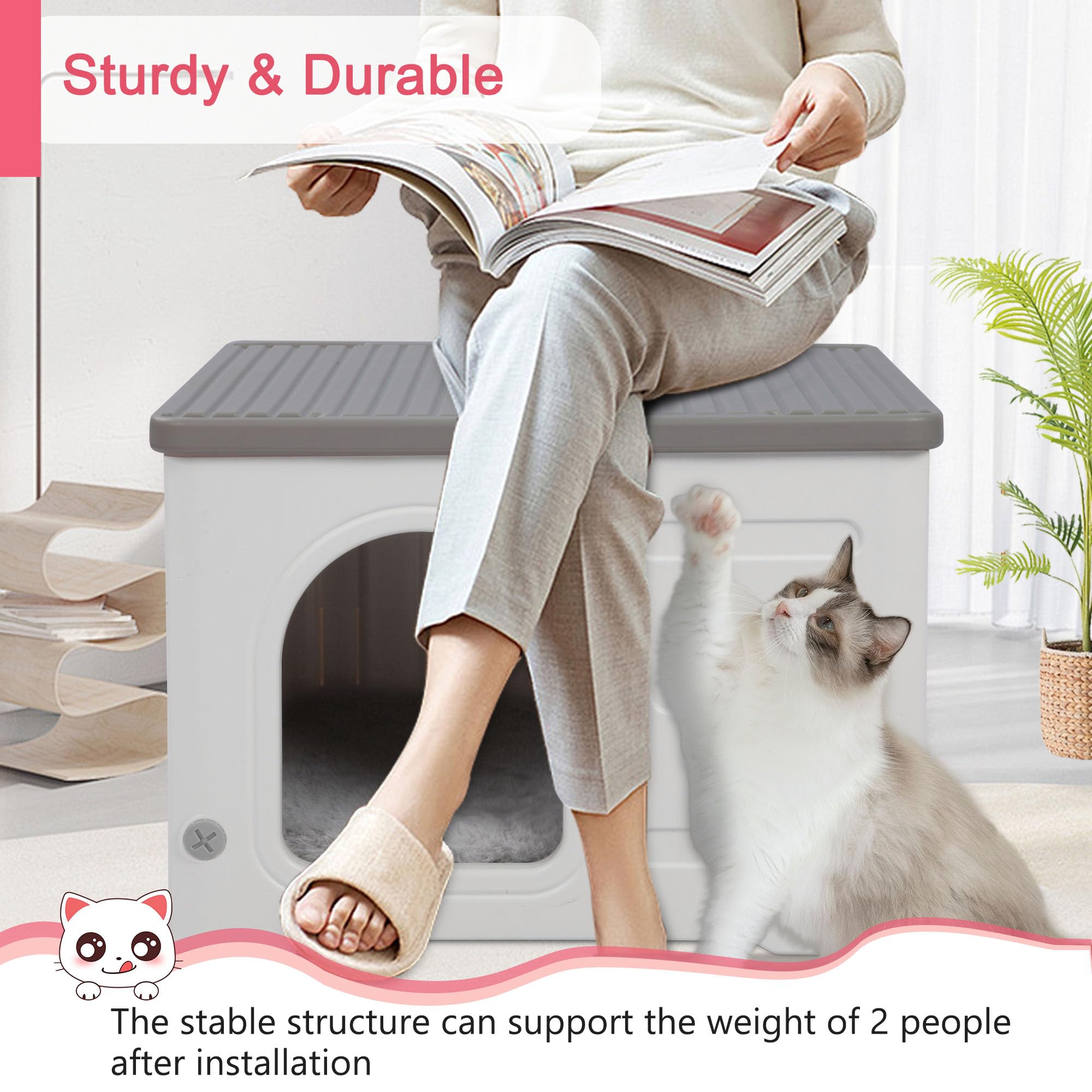 Rockever Waterproof Outdoor Cat House with Escape Door & Bed Mat - Sturdy Indoor/Outdoor Shelter for Feral Cats, Easy Assembly (Grey) - Perfect for Backyard, Garden & Winter Protection