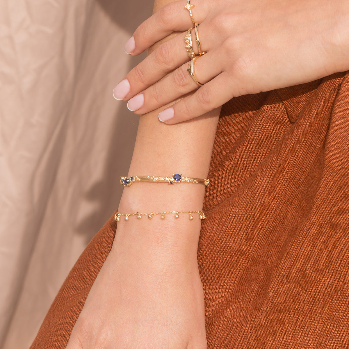 Exquisite 14K Gold Cuff Bracelet with Genuine Sapphire & Diamond Accents - Perfect for Weddings, Anniversaries & Special Occasions