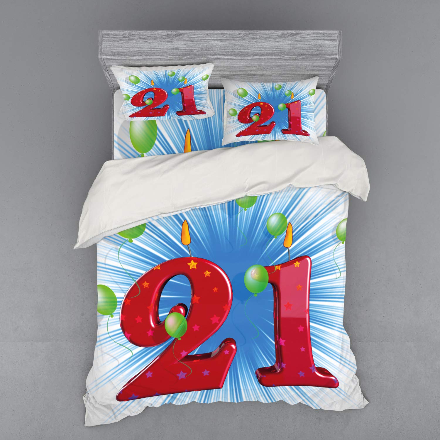 Ambesonne 21st Birthday Bedding Set - Blue & White Abstract Balloon Print 4-Piece Duvet Cover with Shams & Fitted Sheet, Queen Size in Pale Green & Red | Perfect for Birthday Parties & College Dorm Decor