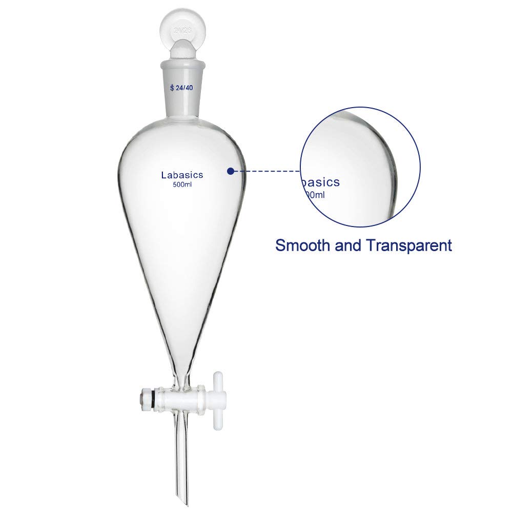 Labasics 500ml Borosilicate Glass Conical Separatory Funnel with PTFE Stopcock - 500mL Lab Equipment for Chemical Extraction, Liquid Separation & Organic Chemistry Experiments