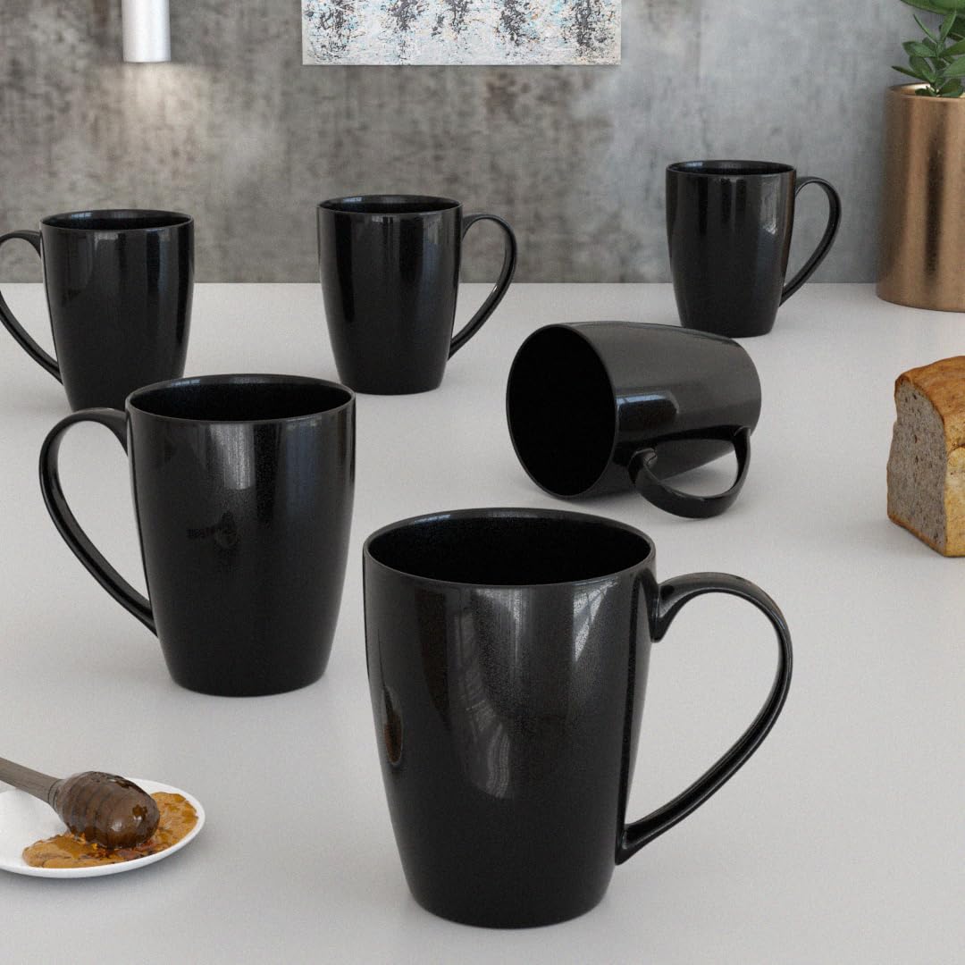 Premium Black Gloss Ceramic Coffee Mugs Set of 6 - 10oz (280ml) Microwave & Dishwasher Safe Tea Cups - Ideal for Home, Office, Cafe & Gifts