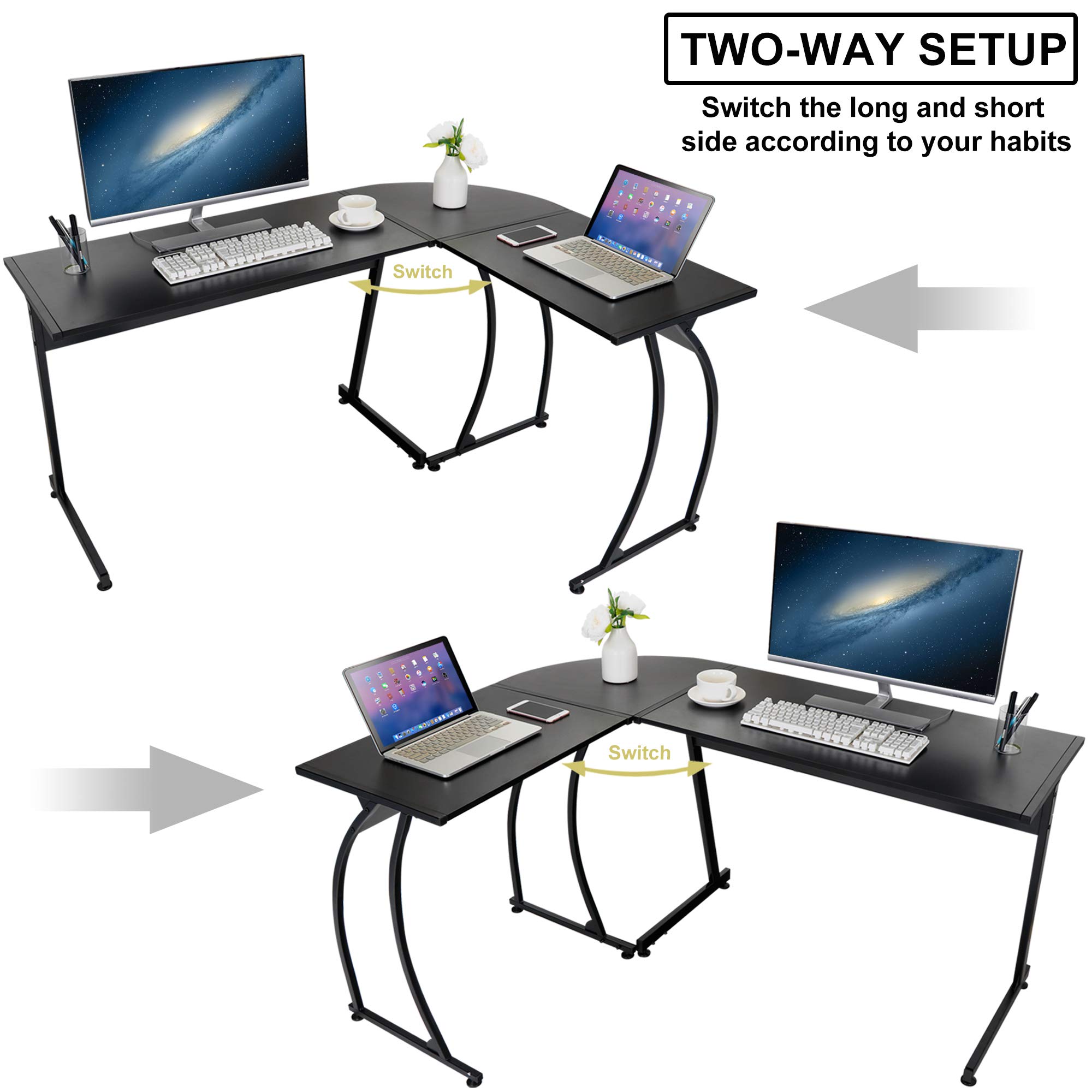 Modern L-Shaped Home Office Desk with Round Corner - Sturdy Steel Frame Computer Desk for Gaming, Writing & Workstation - Perfect for Small Spaces & Home Offices (Black)