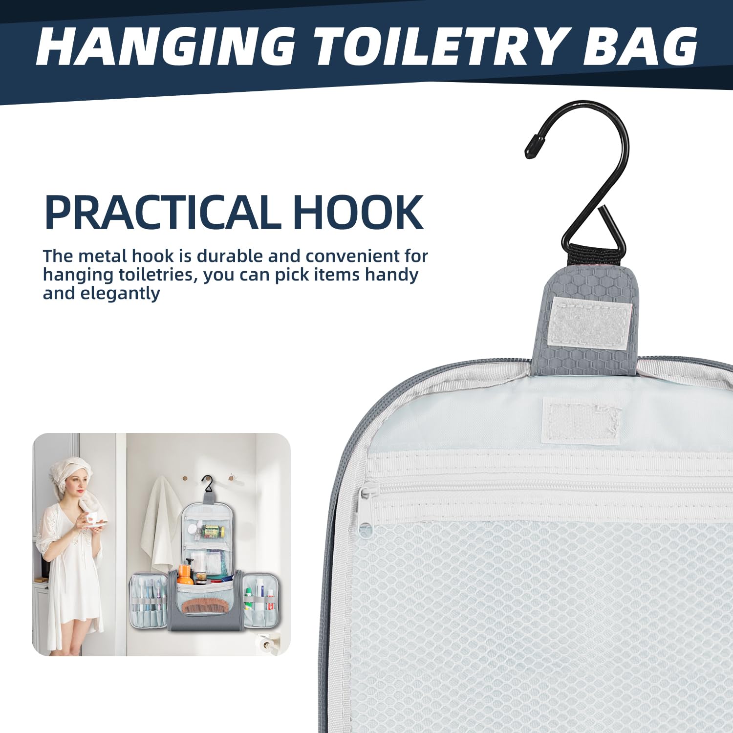 Large Water-resistant Hanging Toiletry Bag for Women & Men - Spacious Travel Cosmetic Organizer with Multiple Pockets, Perfect for Makeup, Shaving Essentials & Full-Sized Toiletries (Gray) | Ideal for Air Travel, Camping & Gym Use
