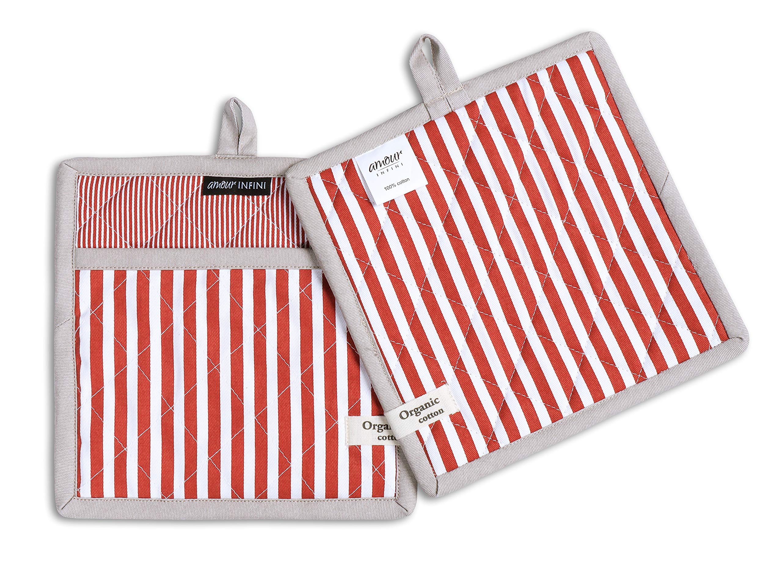 AMOUR INFINI Striped Heat Resistant Oven Mitt & Pot Holder Set - Non-Slip, Reusable Kitchen Gloves for Cooking, Baking & Grilling (Rust Color) - Perfect for Holiday Meals & BBQ Parties