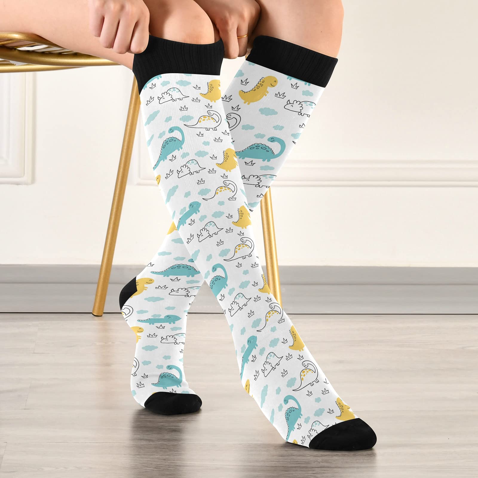 JUNZAN Cute Dinosaur Compression Socks for Women & Men - Breathable Arch Support Socks for Running, Cycling, Nursing & Travel - Improve Blood Circulation & Reduce Fatigue