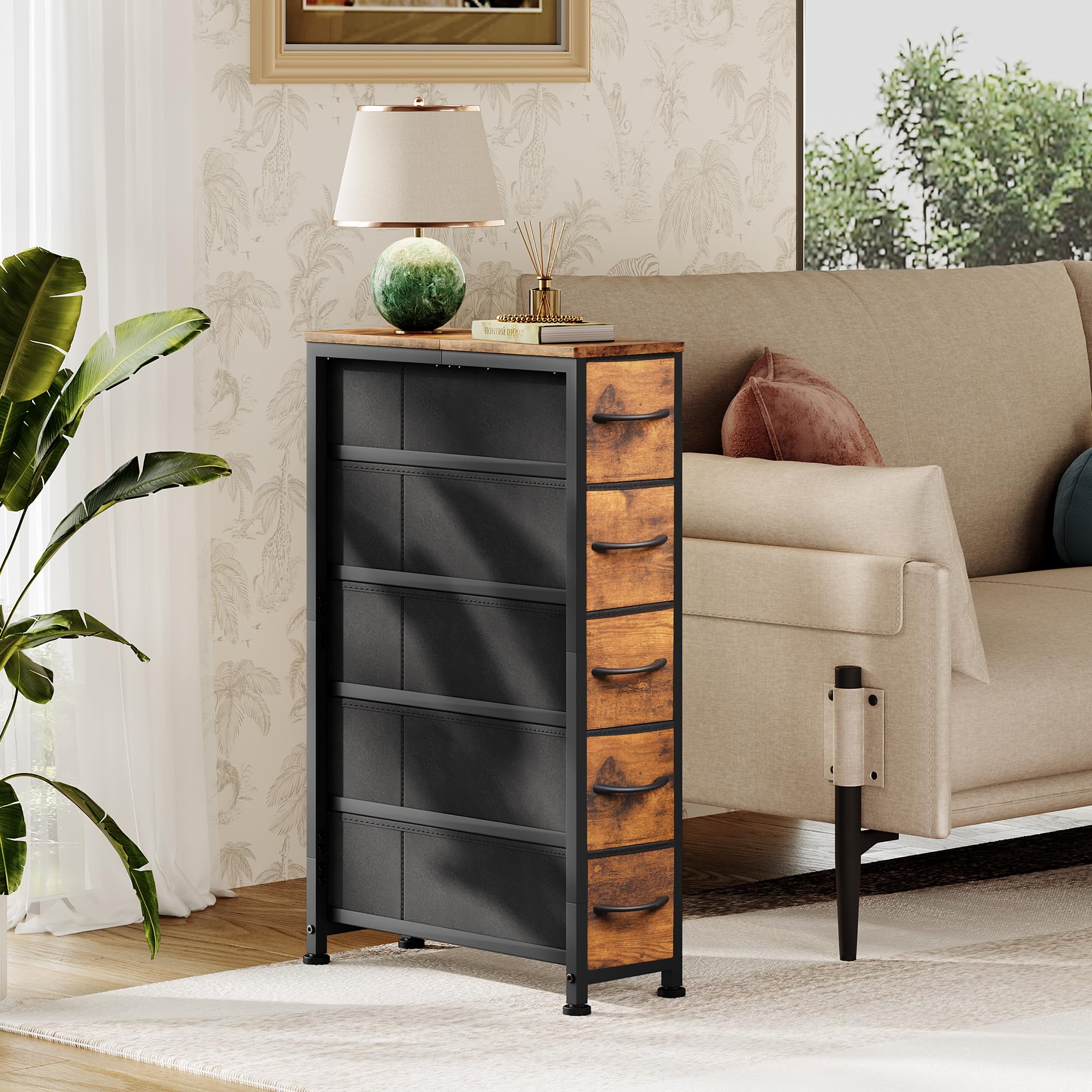 5-Drawer Narrow Dresser Storage Tower with Steel Frame & Wood Top - Slim Chest of Drawers for Bedroom, Bathroom, Laundry, Closet - Space-Saving Organizer for Small Spaces (Rustic Brown) | Perfect for Apartment Living, Dorm Rooms & Tiny Homes