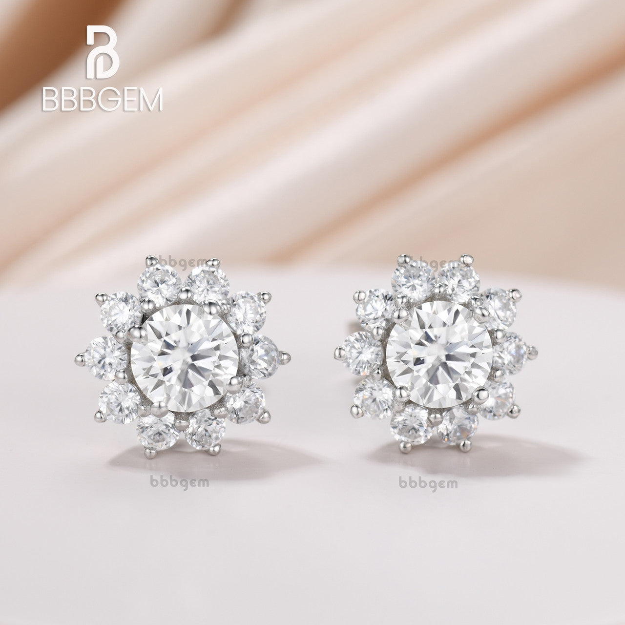White Gold Floral Halo Stud Earrings for Women - Round Moissanite Cluster Sunflower Design in Sterling Silver | Perfect for Weddings, Anniversaries & Special Occasions