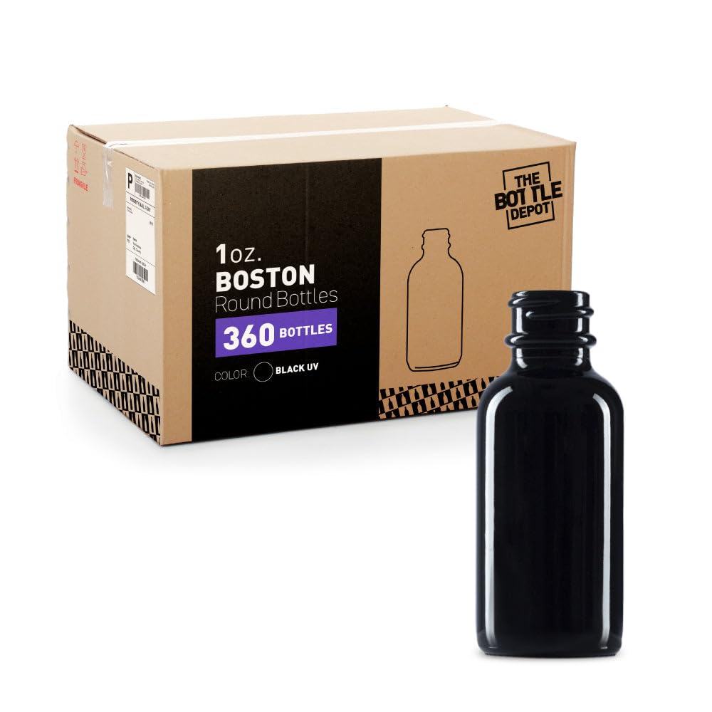1 oz Glass Boston Round Bottles - 360 Pack - Black UV Protection - 20-400 Neck Finish (Closures Not Included) - Ideal for Essential Oils, DIY Beauty Products & Craft Storage - Wholesale Bulk Packaging Solution