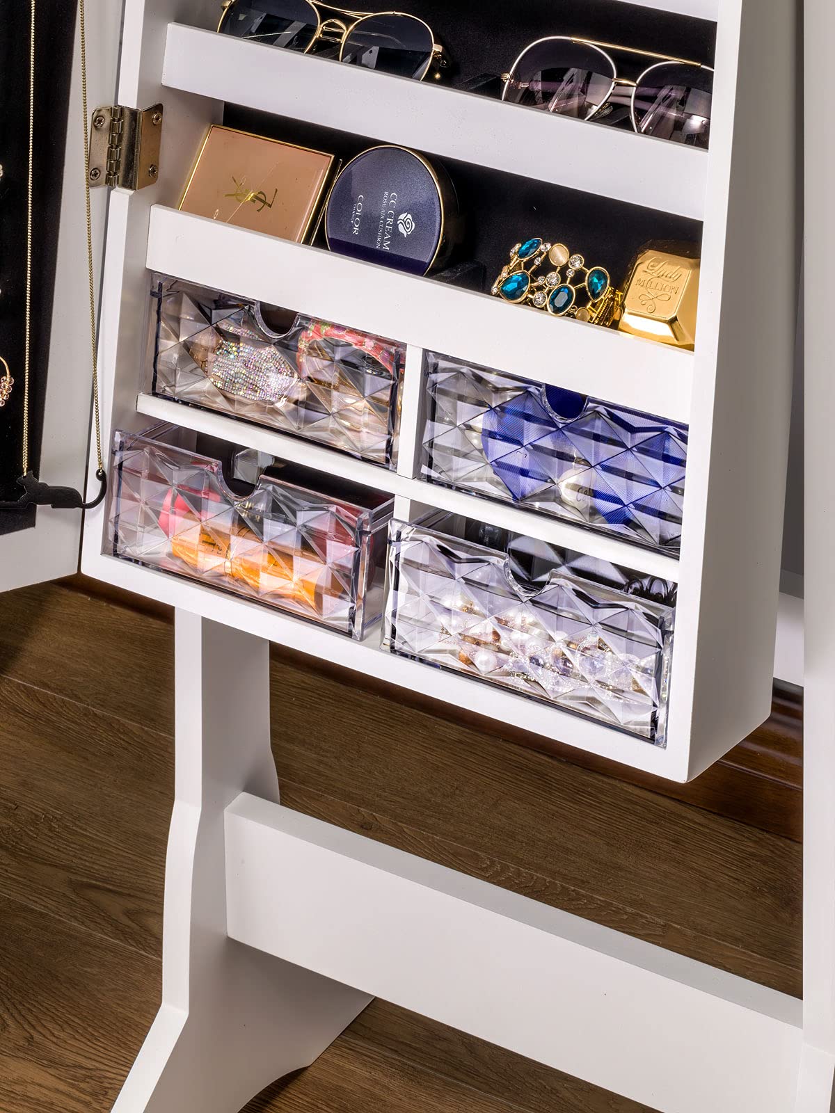 LUXFURNI White LED Light Standing Jewelry Cabinet Armoire with Full Length Mirror - Lockable Large Storage Organizer with Drawers for Necklaces, Rings & Accessories - Perfect for Bedroom, Dressing Room & Closet Organization