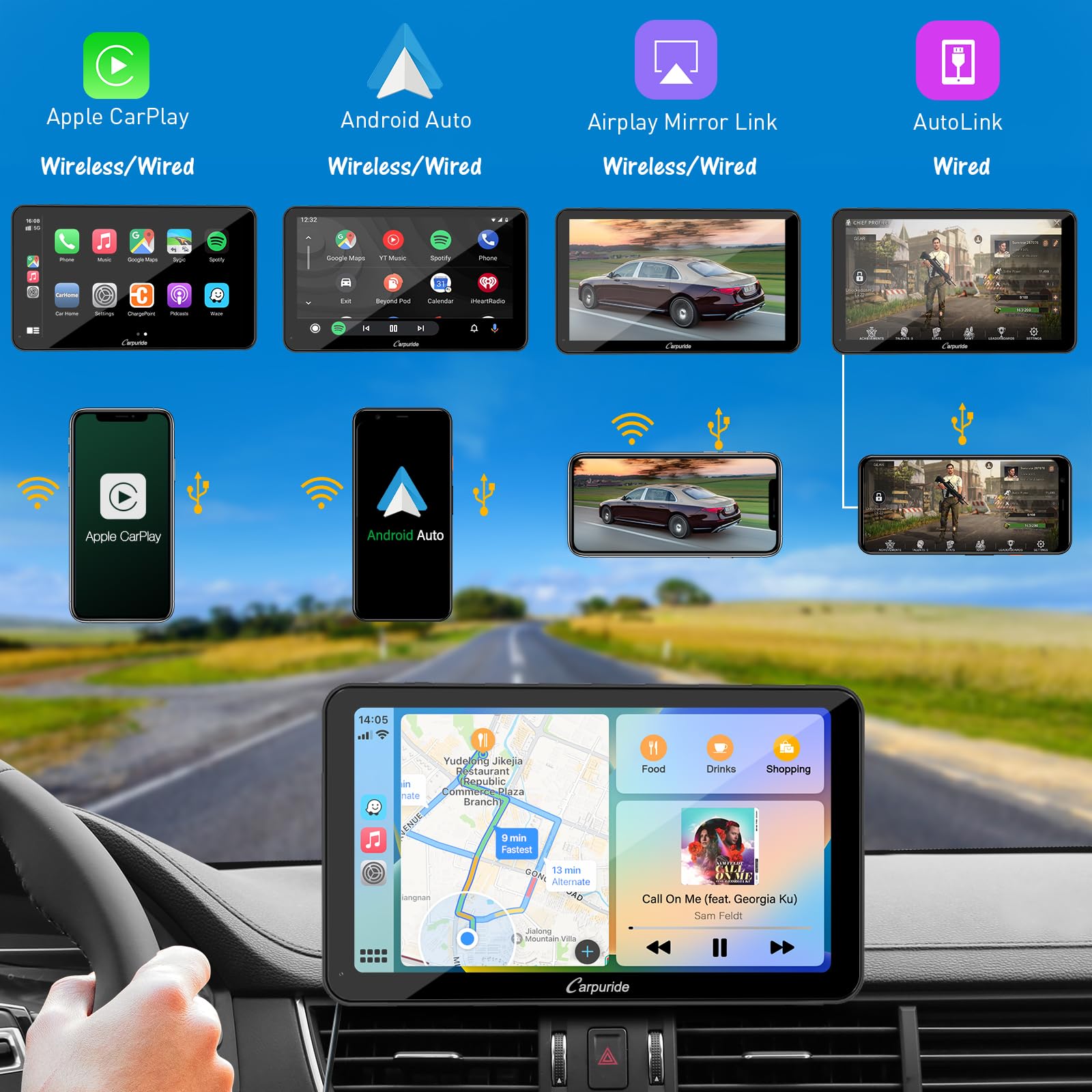 Carpuride W701 Pro Portable Bluetooth Car Stereo - Wireless Apple CarPlay & Android Auto, Backup Camera, Dual Bluetooth, Mirror Link, GPS, Siri, FM Radio - Truck & Car Dashboard Mount for Hands-Free Driving & Navigation