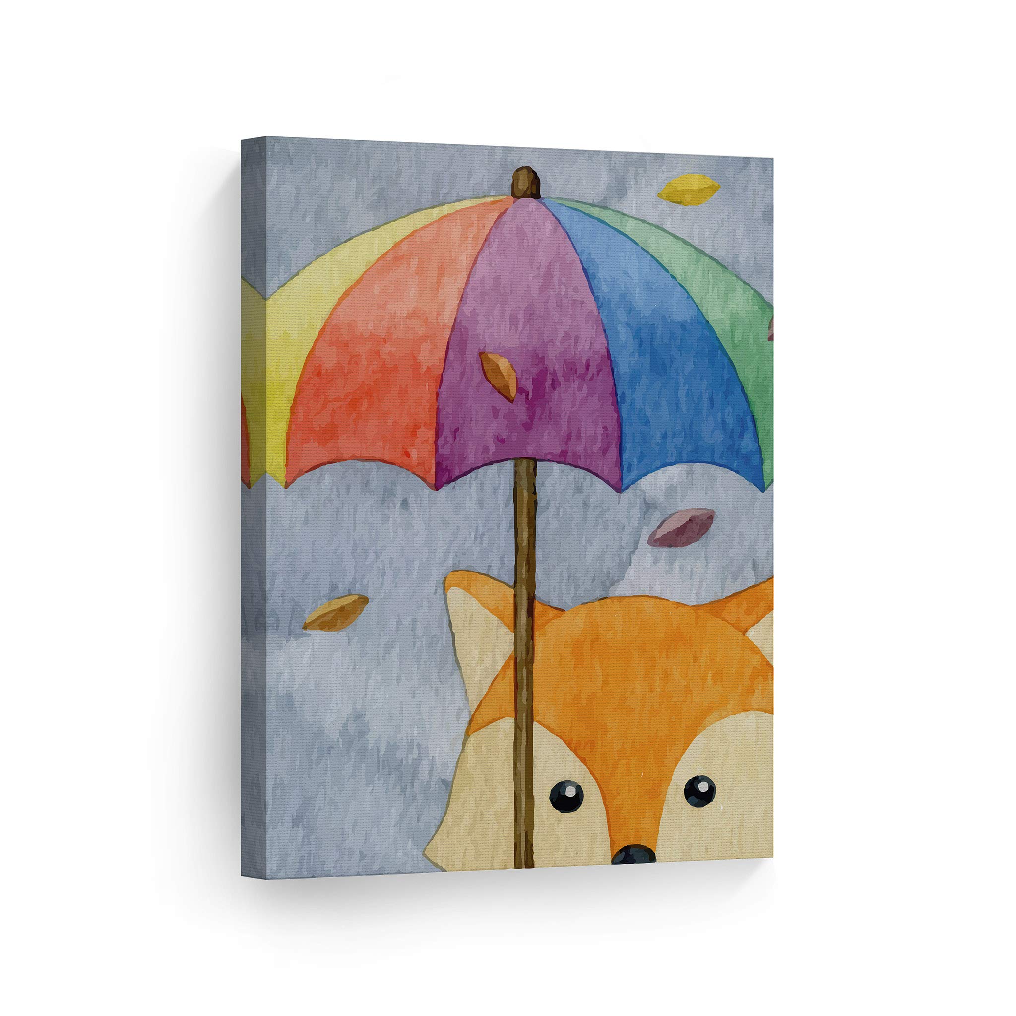 Cute Fox Umbrella Painting Canvas Print - Autumn Theme Gray Background Wall Art for Kids Room, Nursery & Baby Room Decor - 40x30 Inches Made in USA | Perfect for Children's Bedroom, Playroom & Preschool Classroom Decor