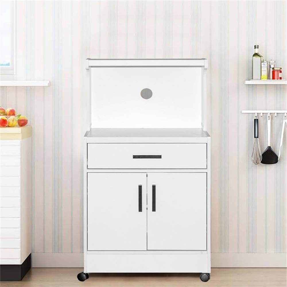 Better Home Products Shelby White Wooden Microwave Cart - Compact Kitchen Storage with Wheels for Small Spaces, Apartments & Dorm Rooms