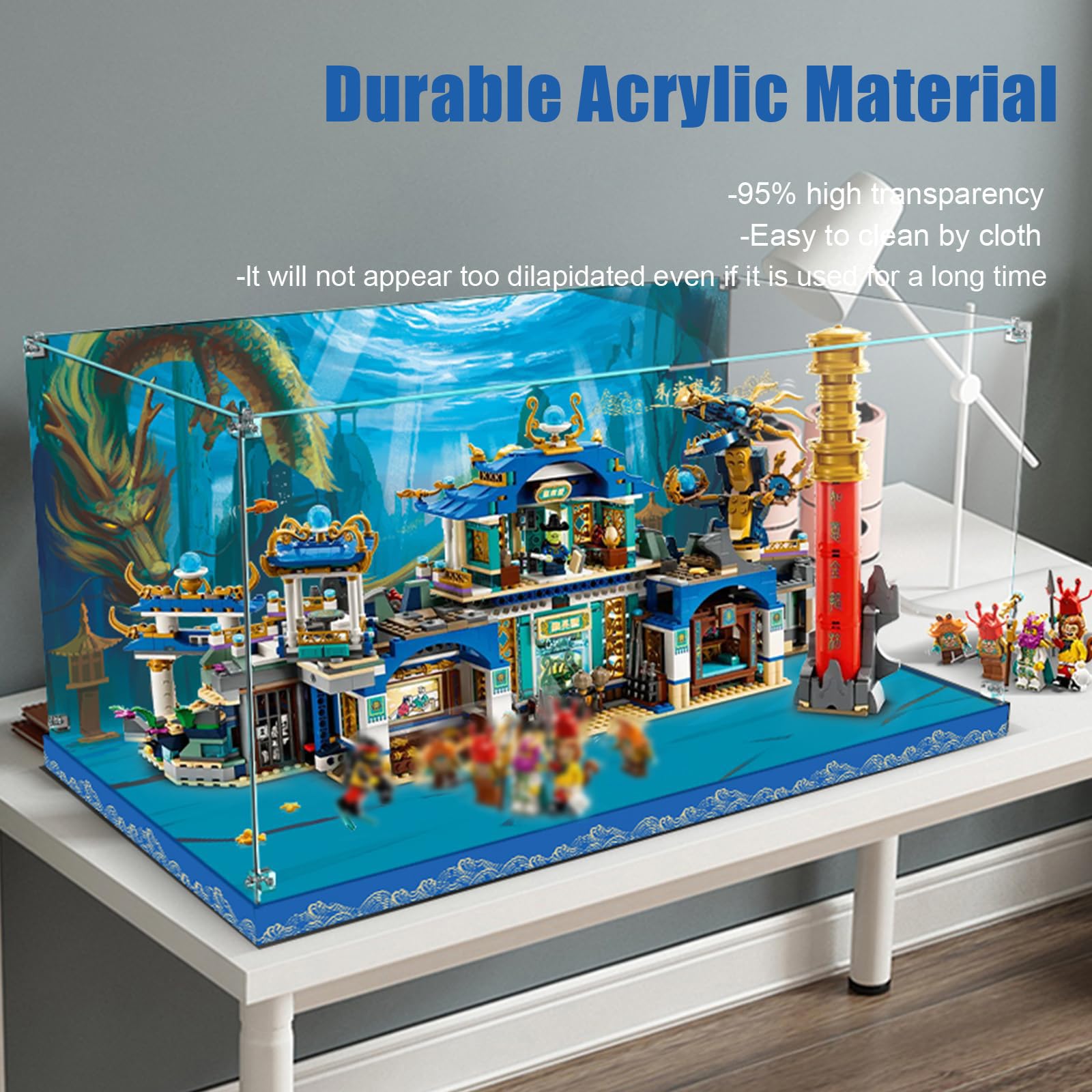 Acrylic Display Case for Lego Monkie Kid 80049 Dragon of The East Palace Building Set - Clear Protective Cover with Base & HD Painted Background | Perfect for Showcasing Collectible Lego Models at Home or Office