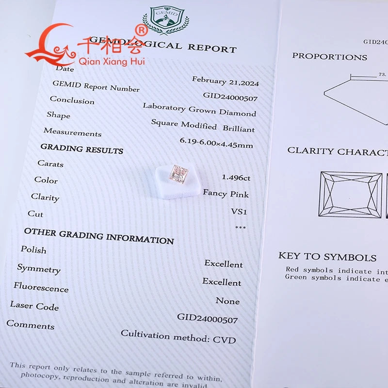 1.496ct & 1.560ct Fancy Pink CVD Lab-Grown Diamond - VS1 Clarity Square Shape GEMID Certified Loose Stone for Engagement Rings & Fine Jewelry Making