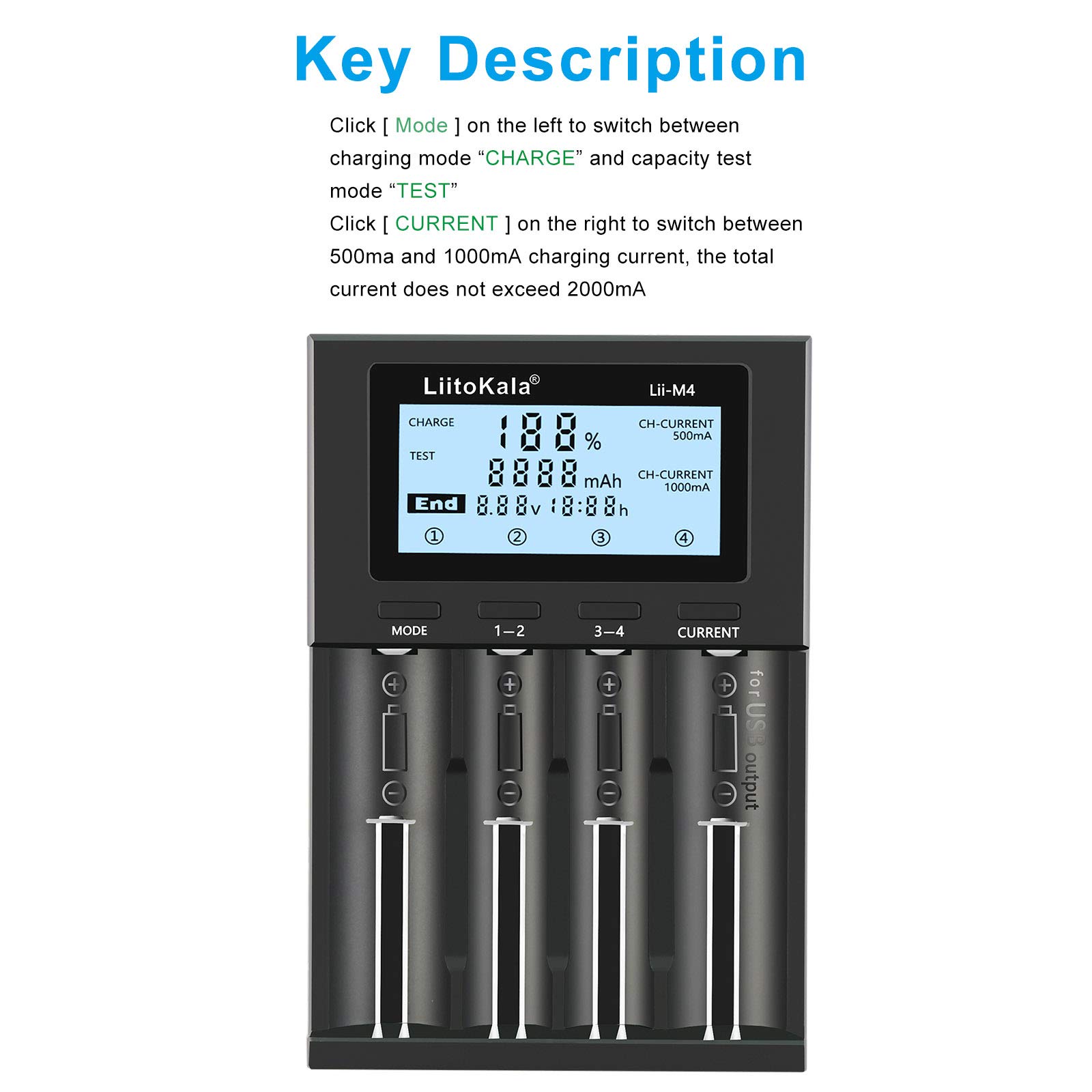 LII-M4 4-Slot Smart Battery Charger with LCD Display - Fast Charging for 18650, 26650, 14500, AA, AAA Lithium & NiMH Rechargeable Batteries - Perfect for Flashlights, Cameras, Toys, and Electronic Devices