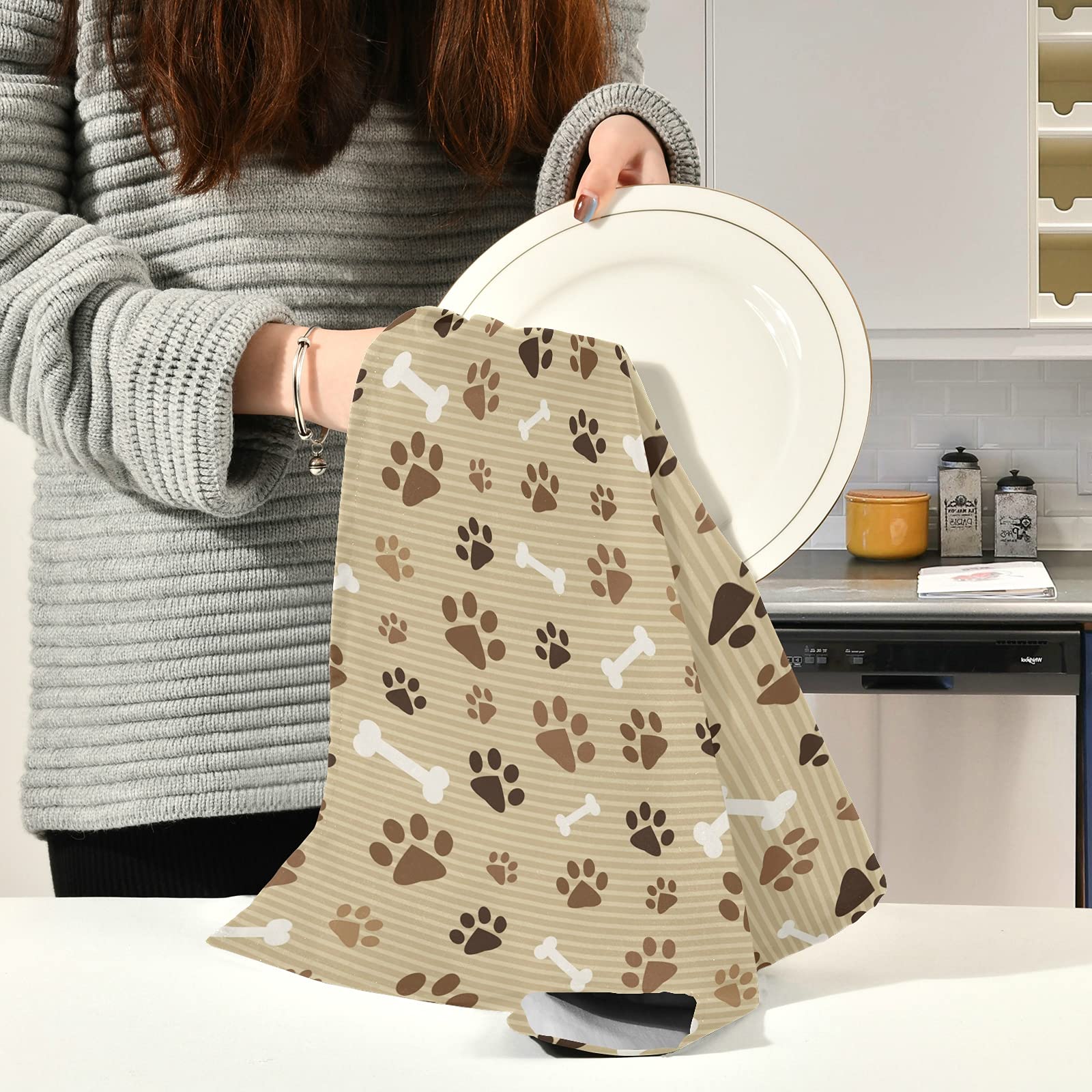 ALAZA Brown Dog Paw Print Striped Kitchen Towels - Set of 4 Super Absorbent Soft Dishcloths (18x28 inches) for Dishes, Bar, Tea & Home Decor