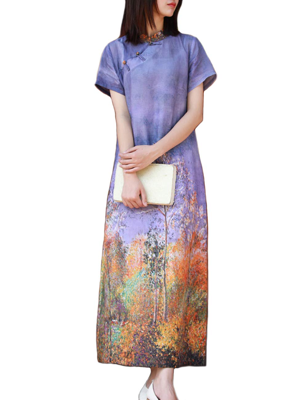Vintage Floral Print Short Sleeve Maxi Dress for Women | Chinese Qipao Cheongsam Summer Dress | Perfect for Weddings, Parties & Special Occasions