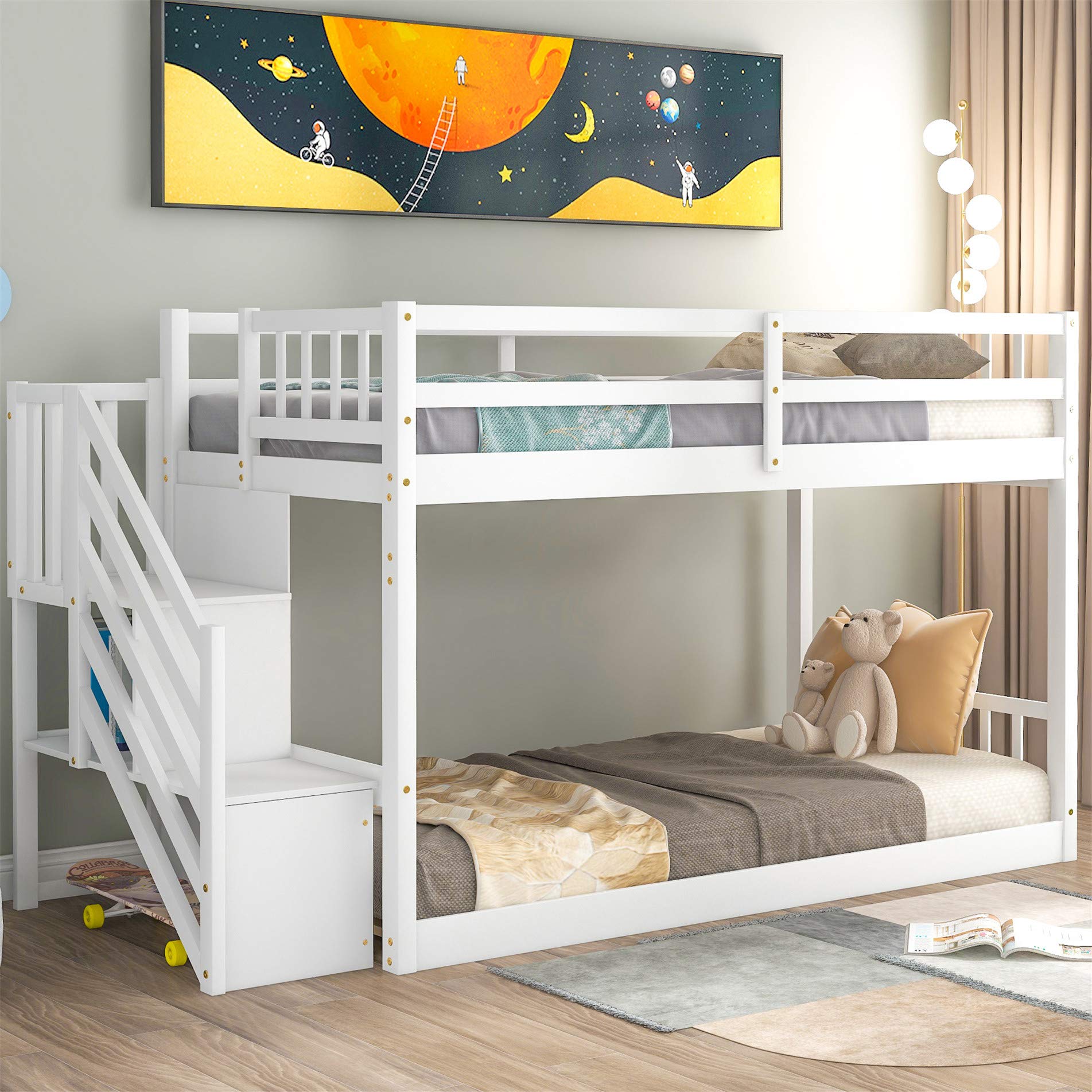 Harper & Bright Designs Twin Over Twin Low Bunk Bed with Stairs & Storage - Solid Wood Kids Bunk Bed for Girls and Boys (White) | Perfect for Small Bedrooms, Shared Kids Rooms & Space-Saving Sleep Solutions