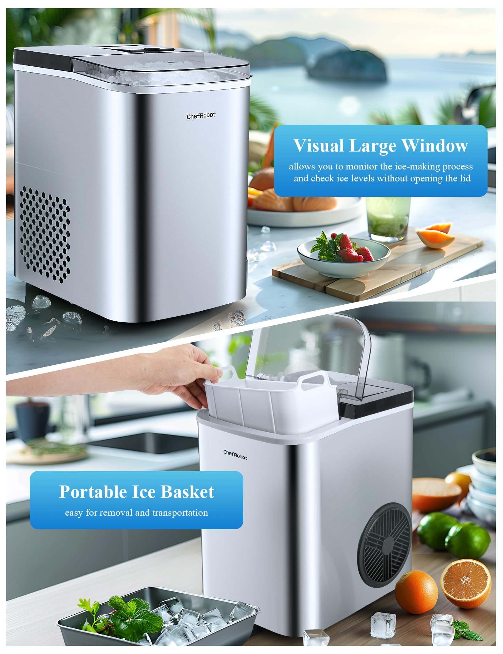 ChefRobot Nugget Ice Maker - 34Lbs/24H Stainless Steel Chewable Ice Machine, Ready in 6 Minutes | Countertop Pebble Ice Maker for Home, Office, Party & Bar | Perfect for Cocktails, Smoothies & Daily Beverages