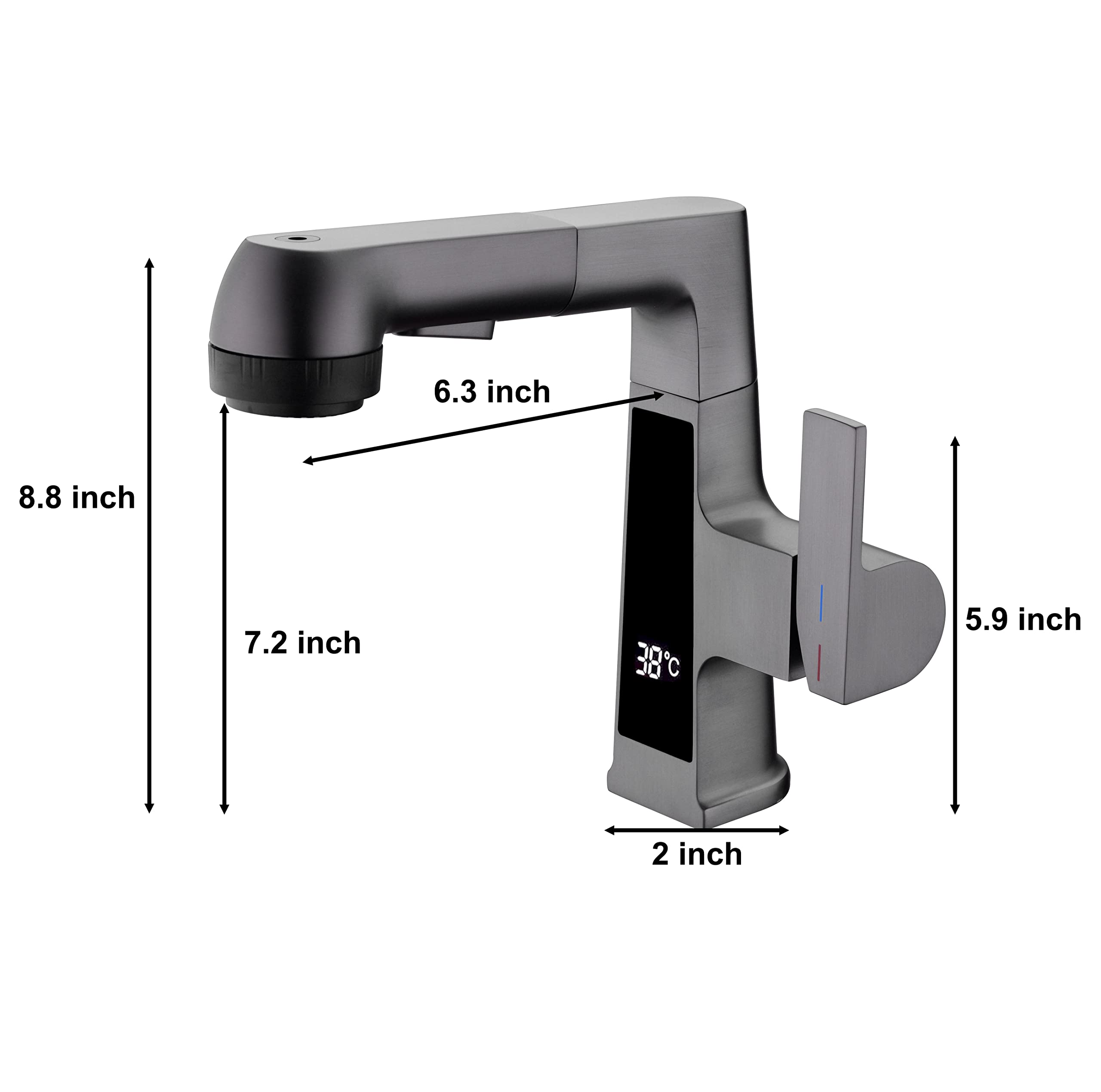 Qeemee LED Bathroom Faucet with Pull Out Sprayer - Grey Digital Temperature Display Sink Faucet with 5 Water Flow Modes, Single Handle RV Vanity Faucet for 1 or 3 Hole Installation - Perfect for Modern Bathrooms, Kitchen Sinks, and RV Living Spaces