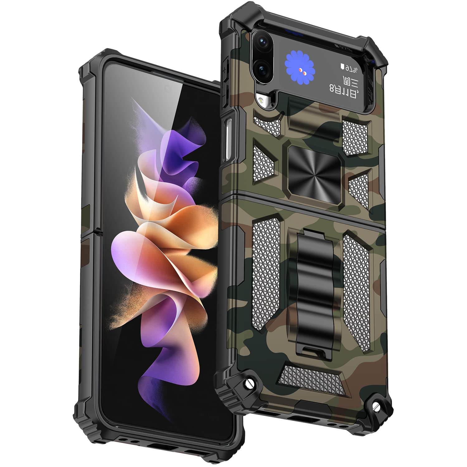 Military Grade Shockproof Camouflage Magnetic Kickstand Case for Samsung Galaxy Z Flip 4 - Heavy Duty Army Camo Phone Cover with Secure Protection (MC Army Green) | Perfect for Outdoor Adventures, Hiking & Military Enthusiasts