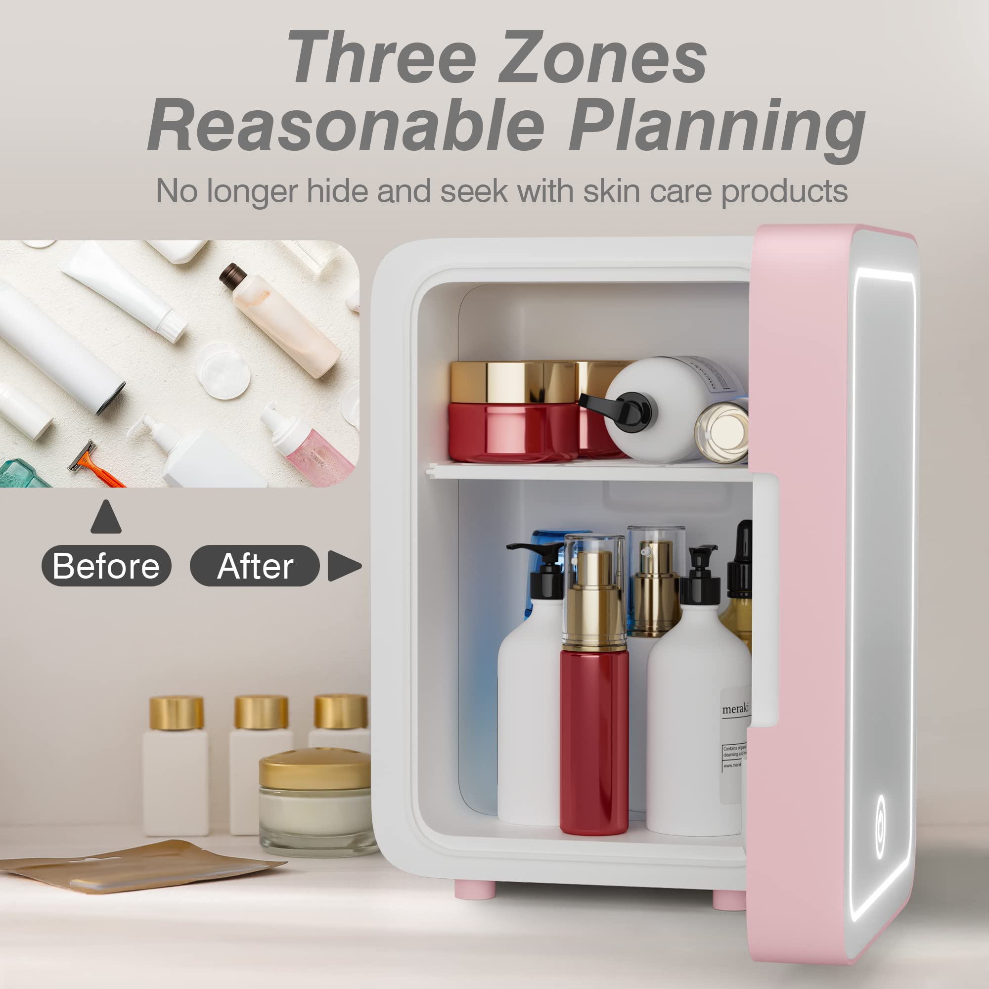 Mini Skincare Fridge with Dimmable LED Mirror - 4L/6 Can Portable Cooler & Warmer for Cosmetics, Food & Drinks | Perfect for Bedroom, Office, Car & Travel | Pink Makeup Organizer for Skincare Routine & Beauty Storage