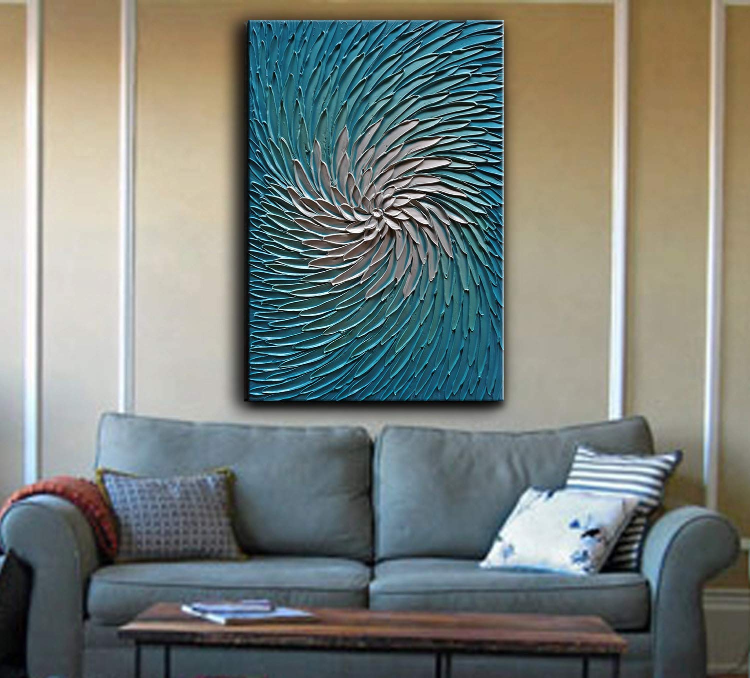 YaSheng Art - Modern 3D Metallic Blue & Silver Abstract Oil Painting on Canvas | Contemporary Wall Art Decor | Ready to Hang 24x36 Inch | Perfect for Living Room, Bedroom & Office Decor