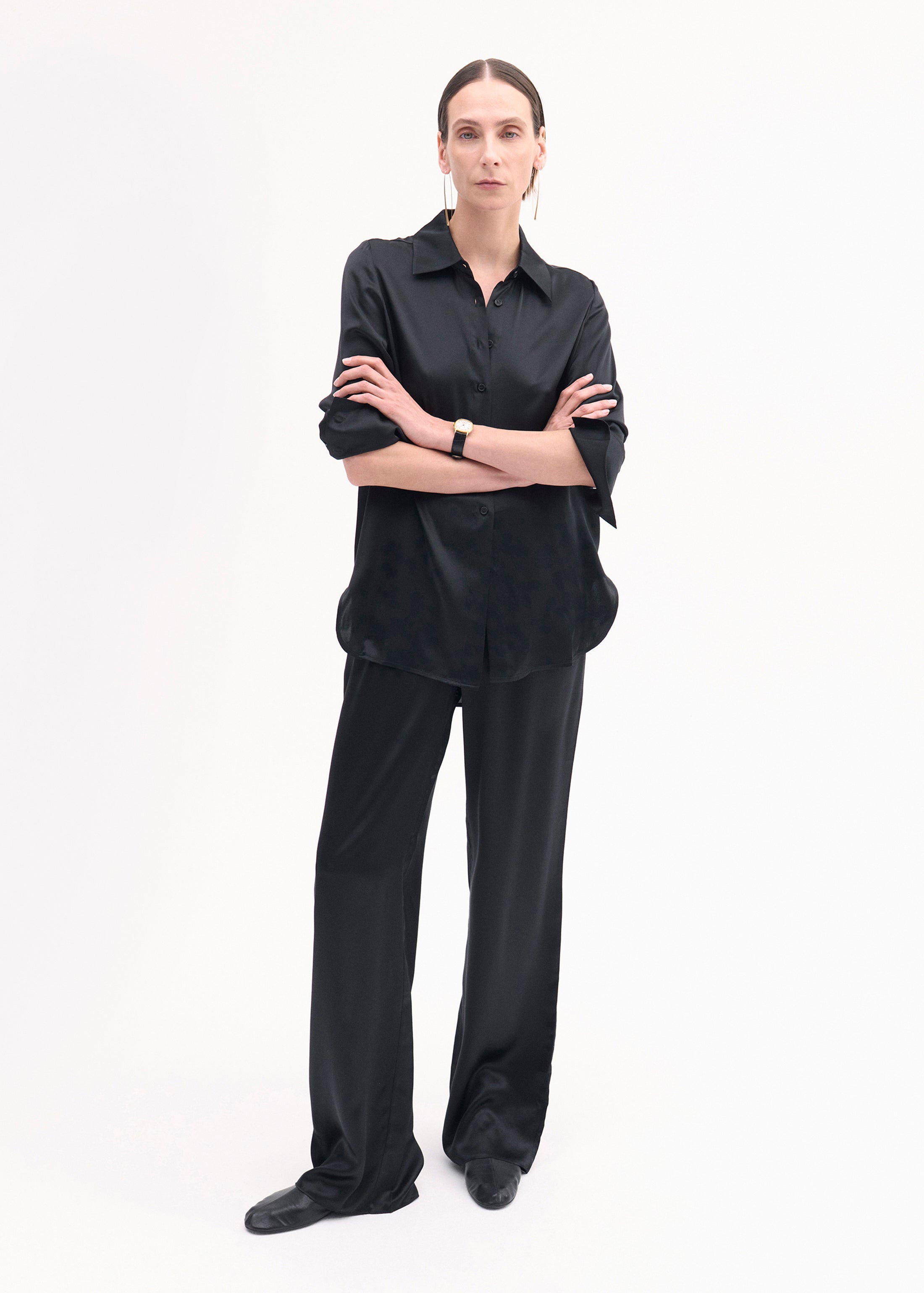 Silk Elastic Waist Pants for Women - Comfortable Stretch Black Trousers - Perfect for Office, Travel & Casual Wear