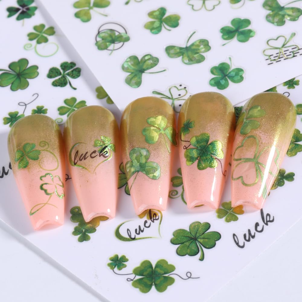 4 Sheets St. Patrick’s Day Nail Art Stickers - 3D Shamrock Clover Nail Decals for Women & Girls, Self-Adhesive Green & Red Irish Nail Designs - Perfect for Spring Parties, Nail Salons & DIY Manicures