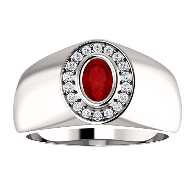 14K Gold Men's Ruby and Diamond Oval Halo Ring - 0.60ct Ruby & 0.18ctw Diamond Engagement Wedding Band for Him - Perfect for Proposals, Anniversaries and Special Occasions