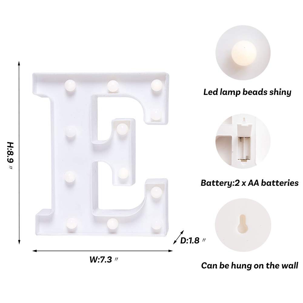 LED Letter Lights - Customizable Battery Powered Light Up Letters for Wedding, Birthday, Party & Home Decor - Perfect for Night Lights, Christmas Decor, Bar Signs & Wall Art (E)