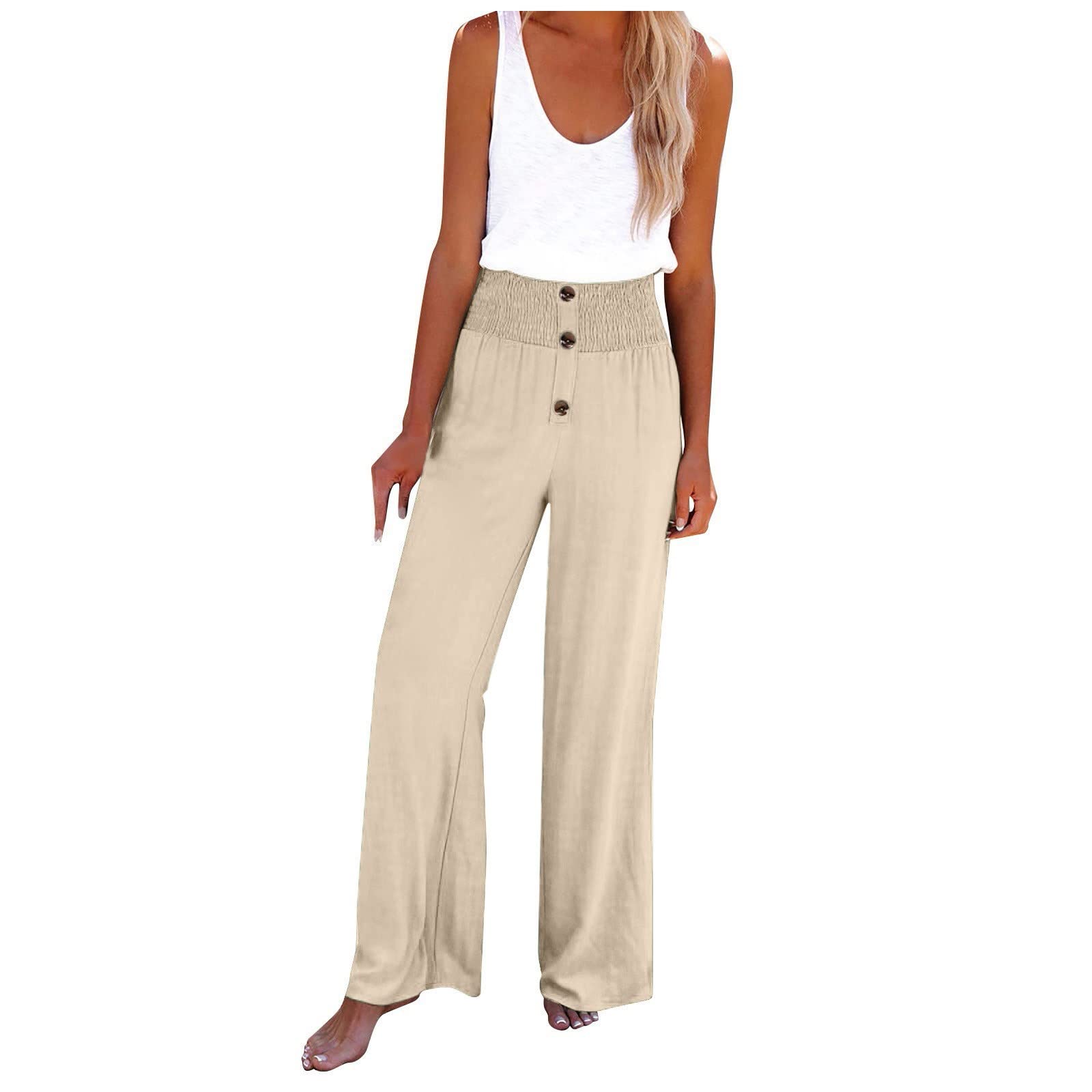 Pxloco Women's High Waist Wide Leg Work Pants - Elastic Waistband, Button Trim, Loose Fit Dress Pants for Office, Business Casual & Everyday Wear