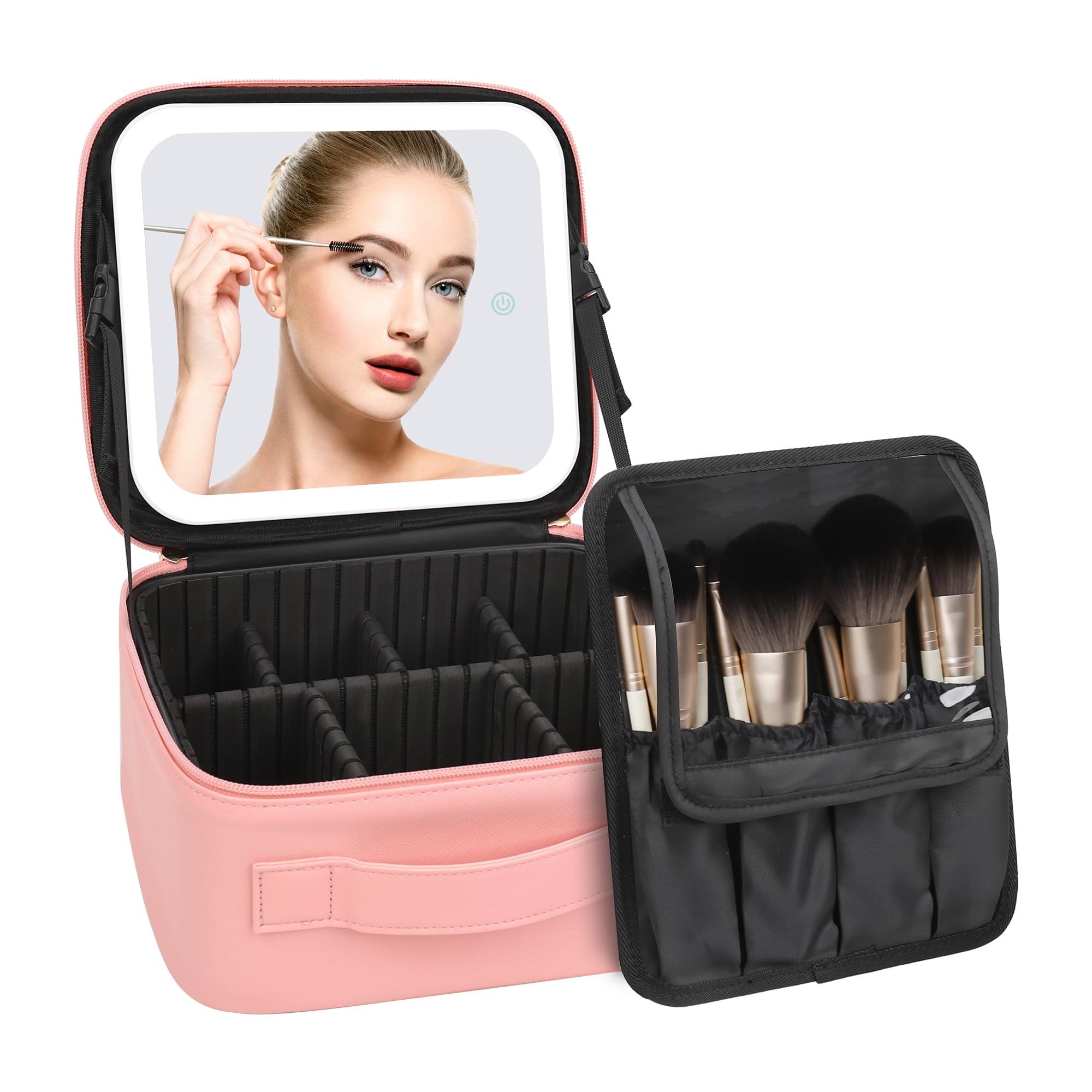 MONSTINA Travel Makeup Bag with LED Mirror - 3 Adjustable Brightness Lighted Cosmetic Case, Portable Makeup Organizer for Women & Girls (Pink) - Perfect for Travel, Home Vanity & On-the-Go Touchups
