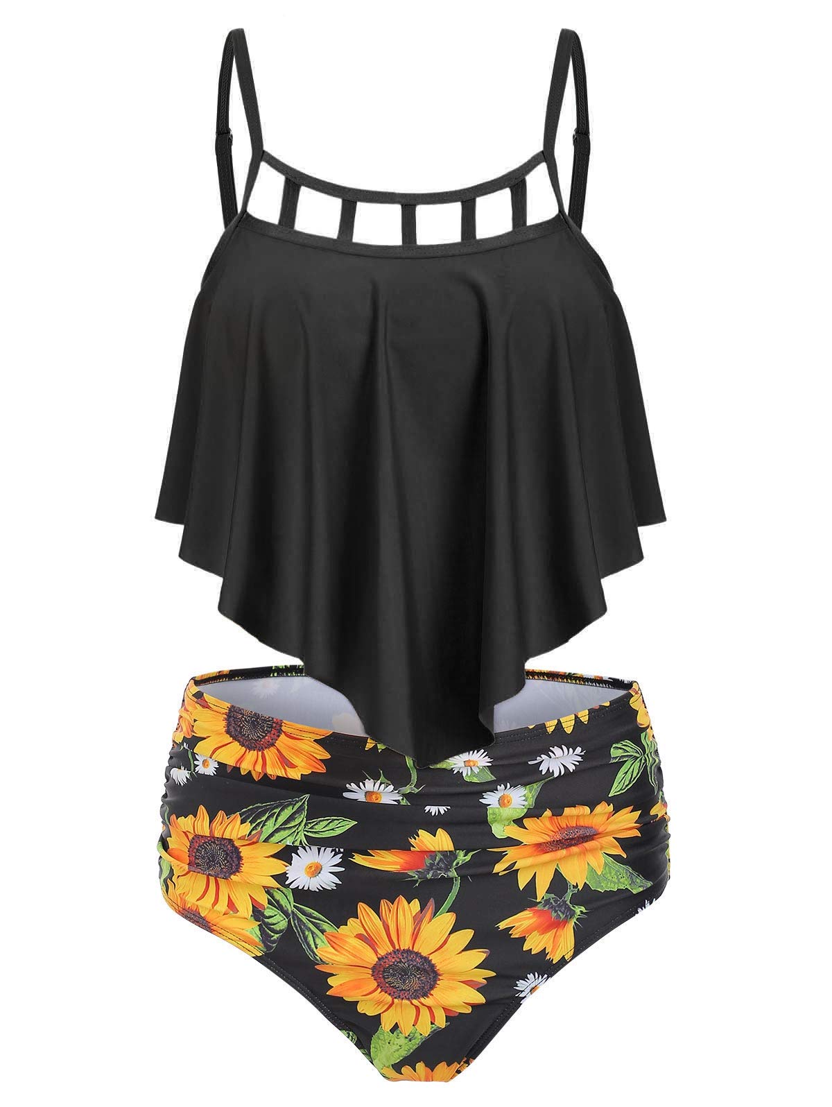 COMFKEY Women's Tankini Swimsuits - Tummy Control Ruffled Bikini Top with High Waisted Bottom, Floral Sunflower Print 2-Piece Set | Perfect for Beach Vacation, Pool Party & Summer Getaways