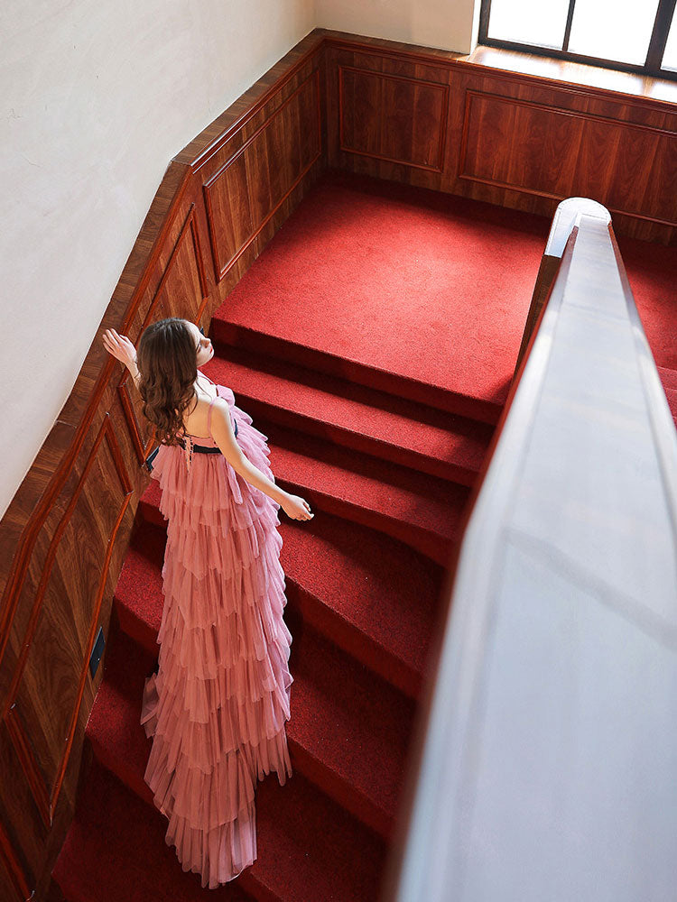 Elegant Pink V-Neck High-Low Long Prom Dress with Tulle Skirt - Formal Graduation Gown for Homecoming, Quinceañera & Special Occasions
