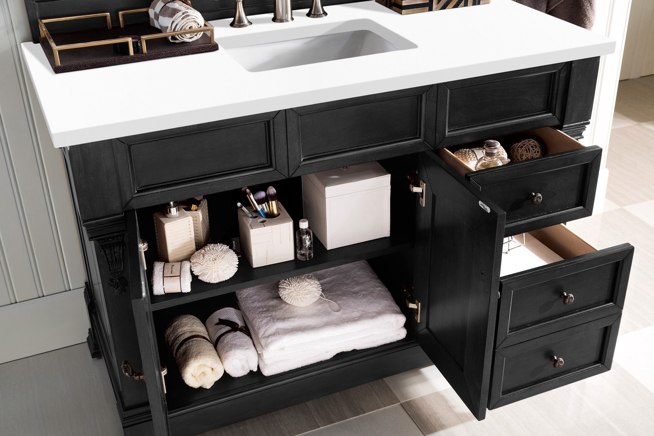 Brookfield 48 Inch Single Bathroom Vanity Set - Antique Black Finish with 3CM White Zeus Quartz Countertop for Modern & Traditional Bathrooms