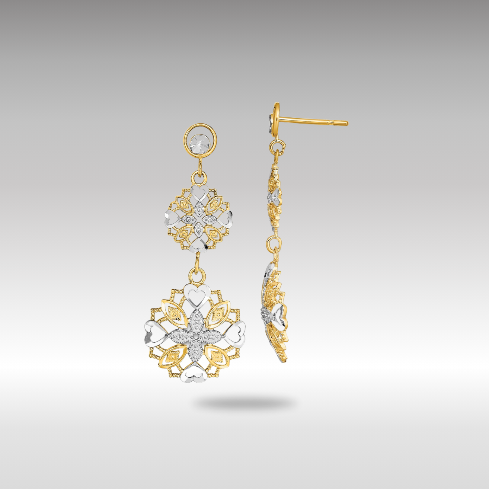 Gold Diamond Cut Flower and Heart Dangle Earrings TE918 - Elegant Women's Jewelry for Parties, Weddings & Special Occasions