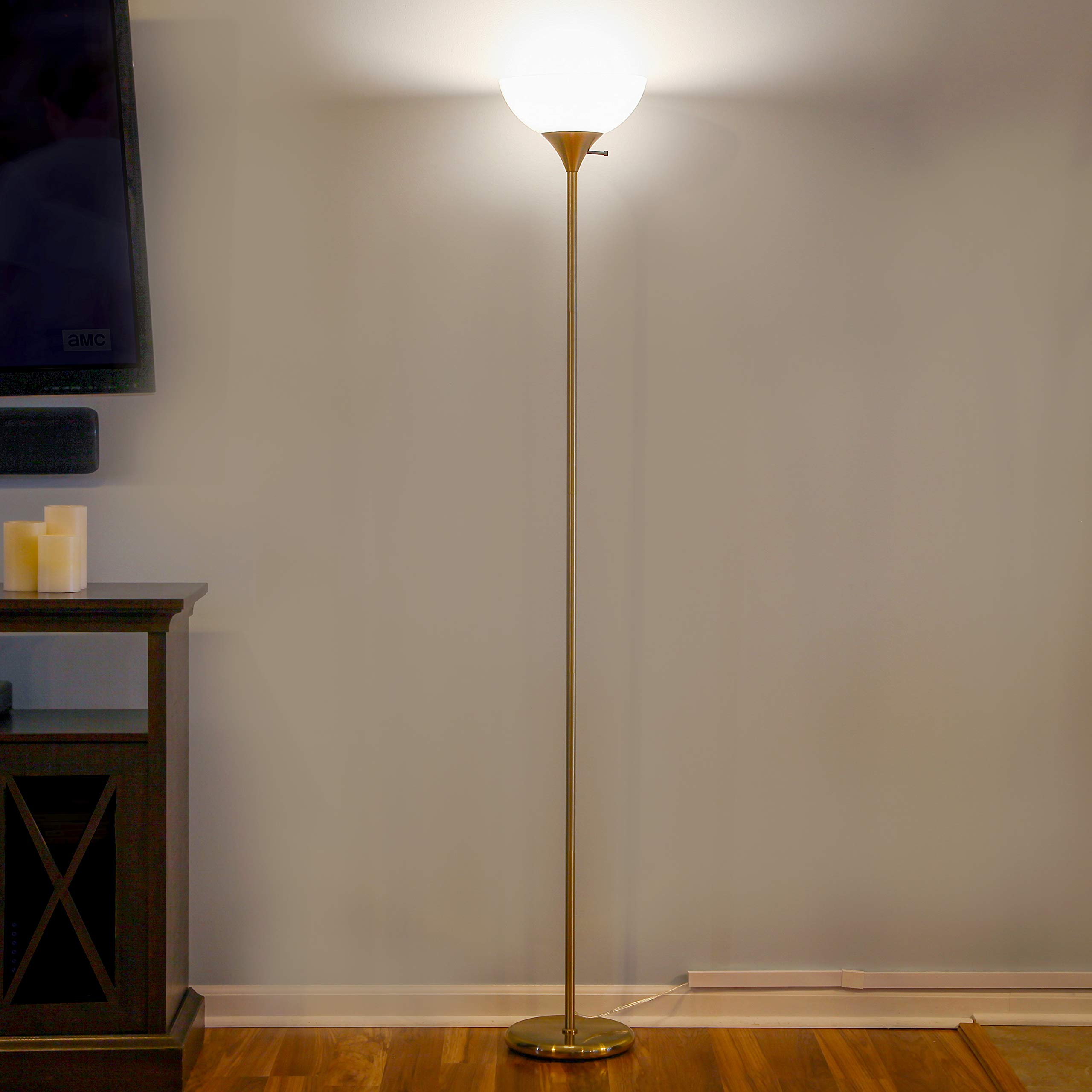 Brightech Sky Dome Dimmable LED Floor Lamp - Adjustable Torchiere Standing Light for Living Room, Bedroom & Office - Tall Reading Lamp with Brass/Gold Finish - Perfect for Night Reading, Working & Home Decor