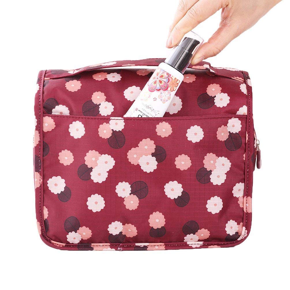 Axgo Multifunctional Travel Makeup Bag with Hook - Portable Folding Cosmetic Organizer for Toiletries (Red) | Perfect for Vacation, Gym & Daily Use