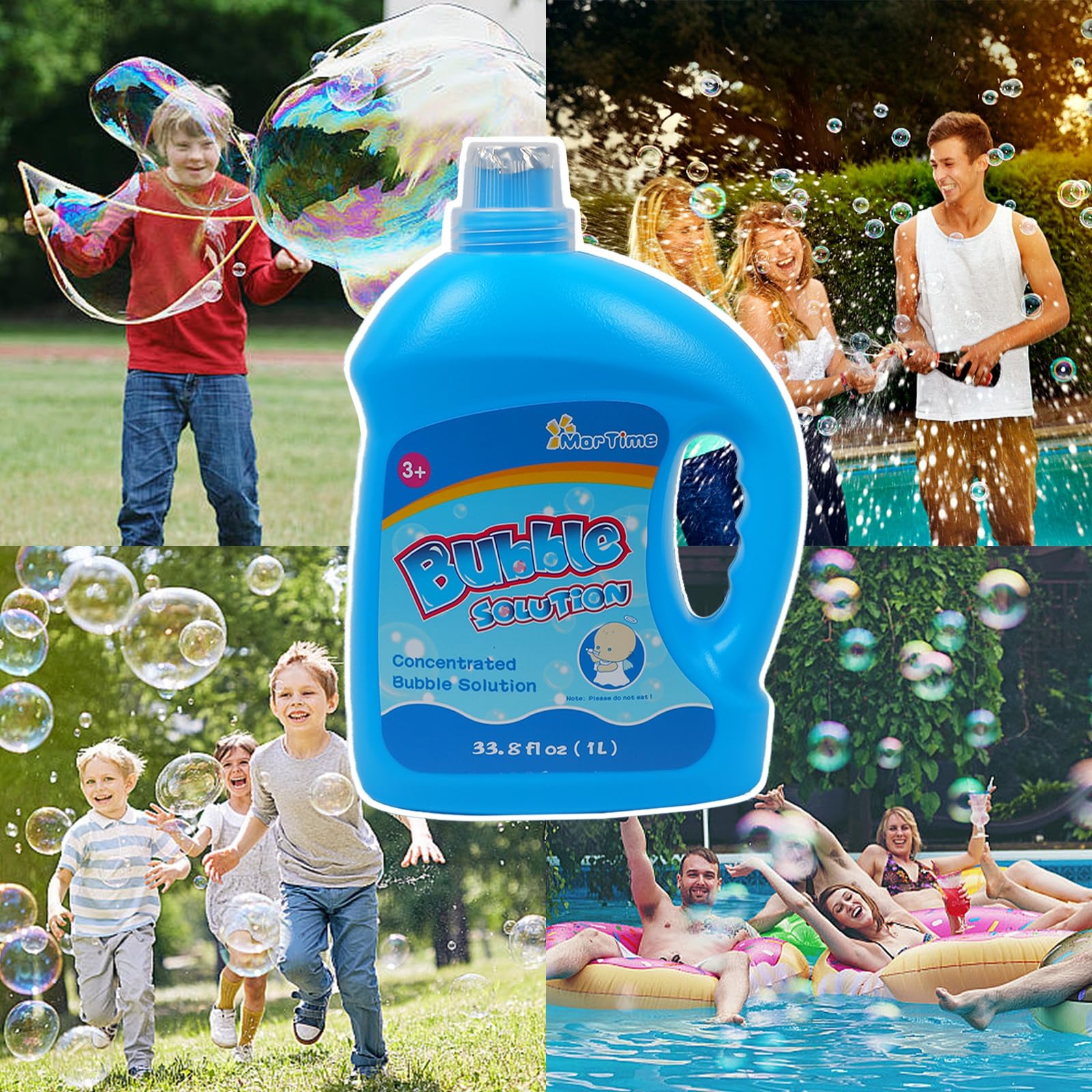 MorTime 3 Bottles Bubble Solution Refills - 3L/101oz Concentrated Bubble Liquid for Bubble Wands, Machines & Blowers (Makes 7.5 Gallons) - Perfect for Kids Outdoor Play, Birthday Parties & Summer Activities