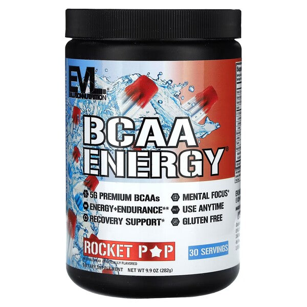 EVLution Nutrition BCAA Energy Powder - Rocket Pop Flavor 282g | Pre-Workout Supplement for Muscle Recovery & Endurance | Ideal for Gym, Running & Fitness Enthusiasts