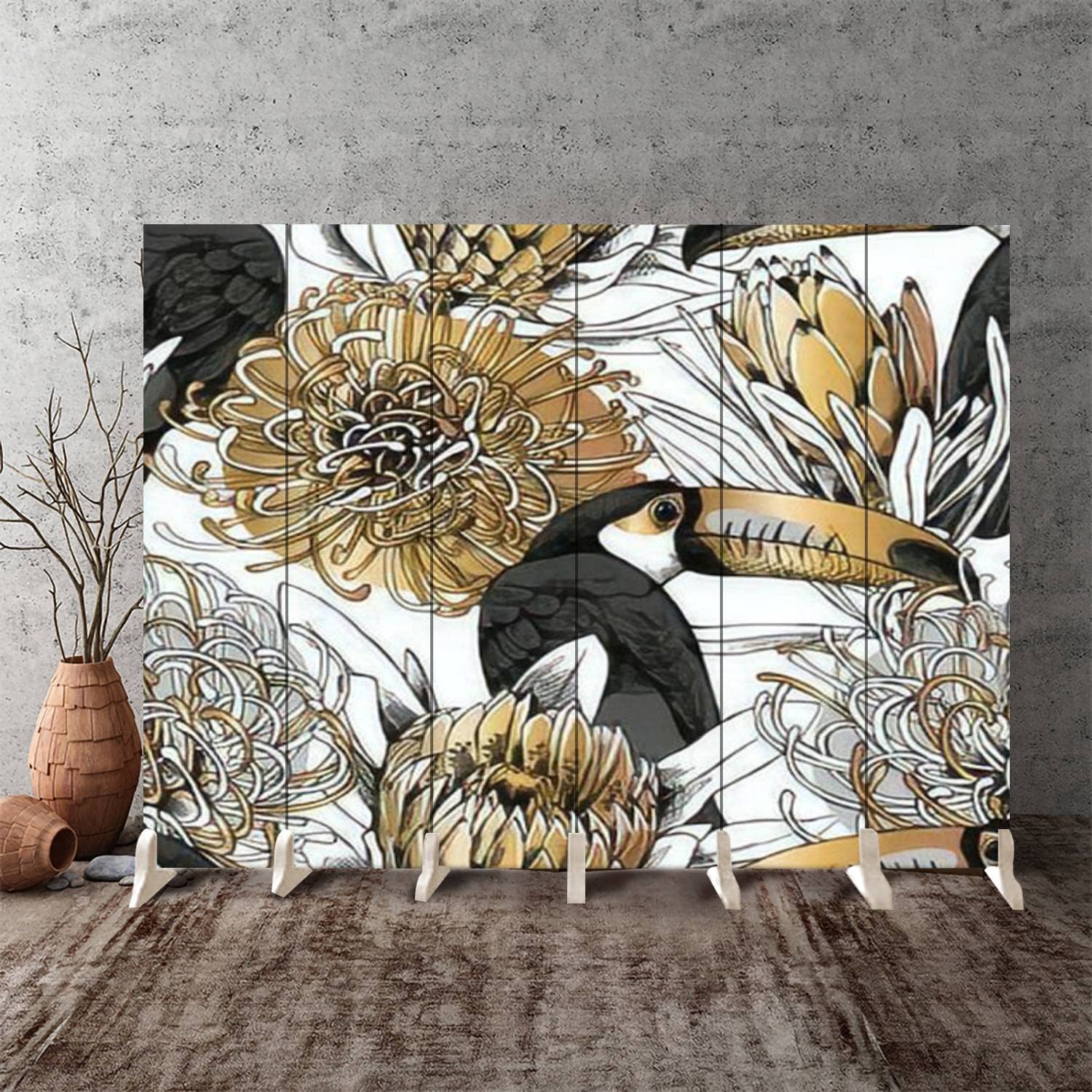 Floral Toucan Canvas Room Divider Screen - 6 Panel Folding Privacy Partition with Gold & Silver Protea Design | Perfect for Home Office, Living Room, Bedroom Separation & Decoration